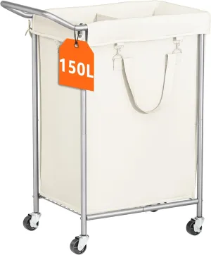 150L Laundry Hamper with Wheels, Rolling Laundry Basket 2 section with Metal Frame and Removable Bag, Dirty Clothes Hampers for Bedroom, Bathroom, Dorm, Black, Silver Beige