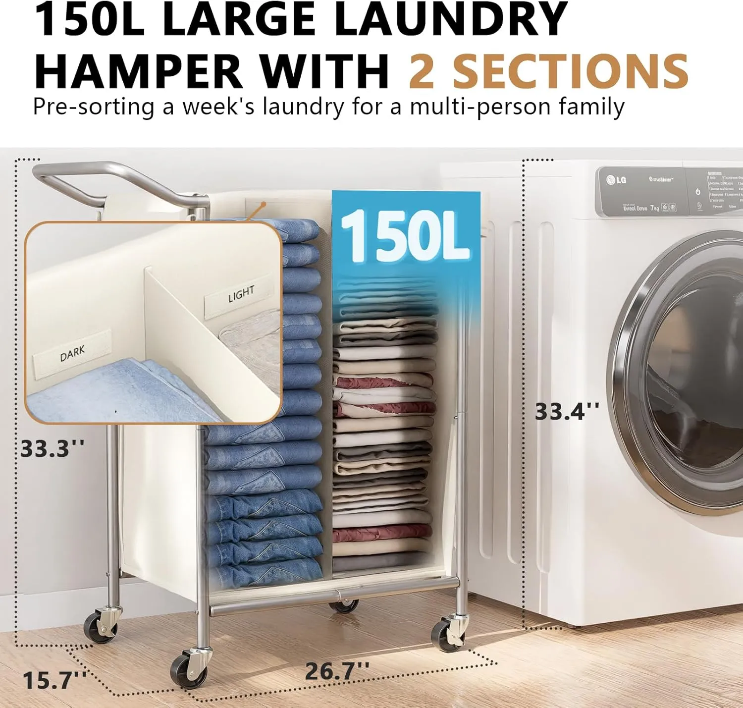 150L Laundry Hamper with Wheels, Rolling Laundry Basket 2 section with Metal Frame and Removable Bag, Dirty Clothes Hampers for Bedroom, Bathroom, Dorm, Black, Silver Beige