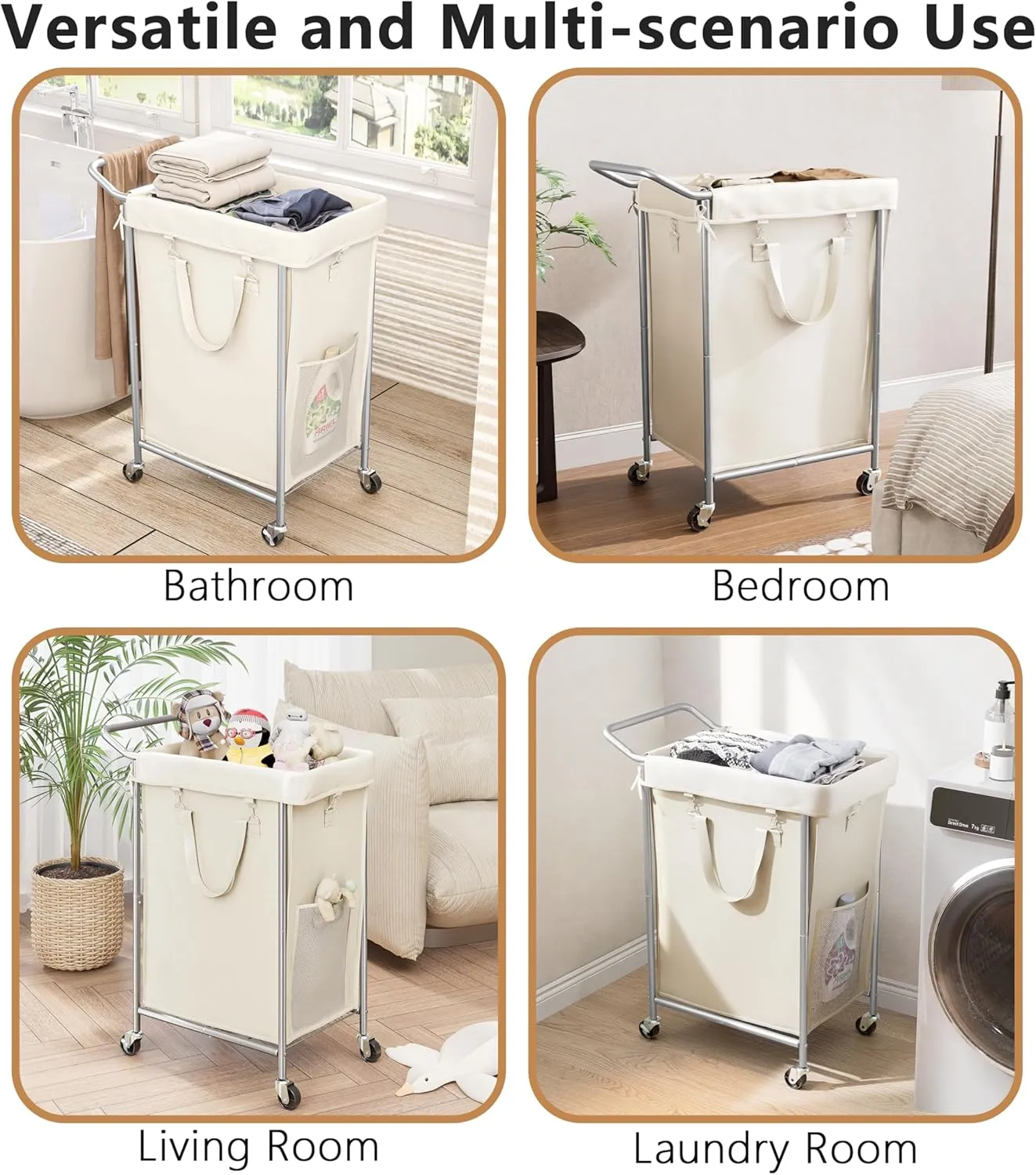 150L Laundry Hamper with Wheels, Rolling Laundry Basket 2 section with Metal Frame and Removable Bag, Dirty Clothes Hampers for Bedroom, Bathroom, Dorm, Black, Silver Beige