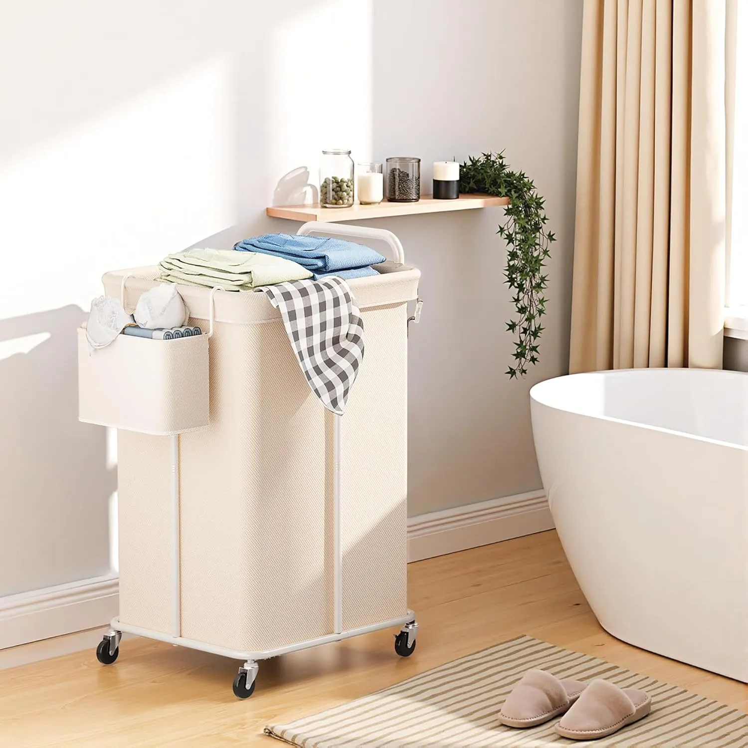 150L Laundry Hampers with wheels, 3 Section Rolling Laundry Cart with Side Basket, Large Hamper on Wheels