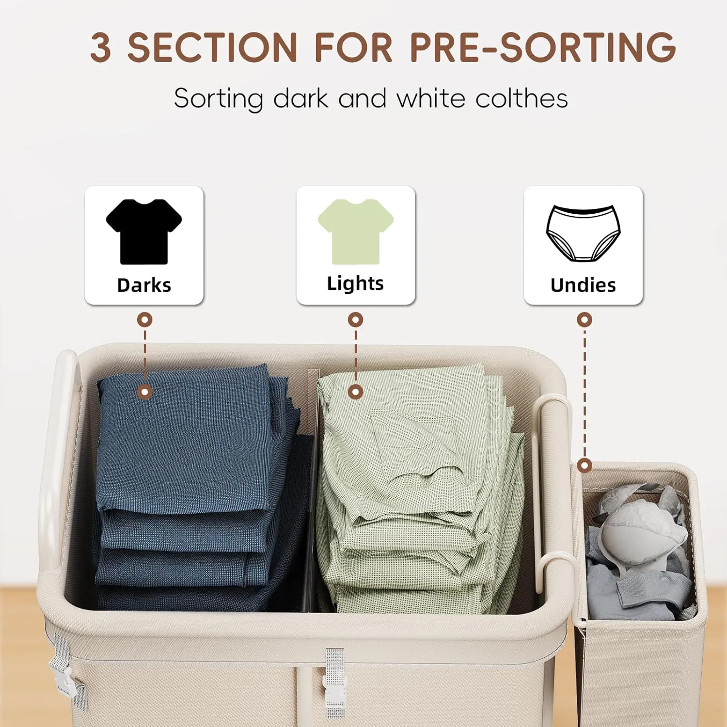 150L Laundry Hampers with wheels, 3 Section Rolling Laundry Cart with Side Basket, Large Hamper on Wheels