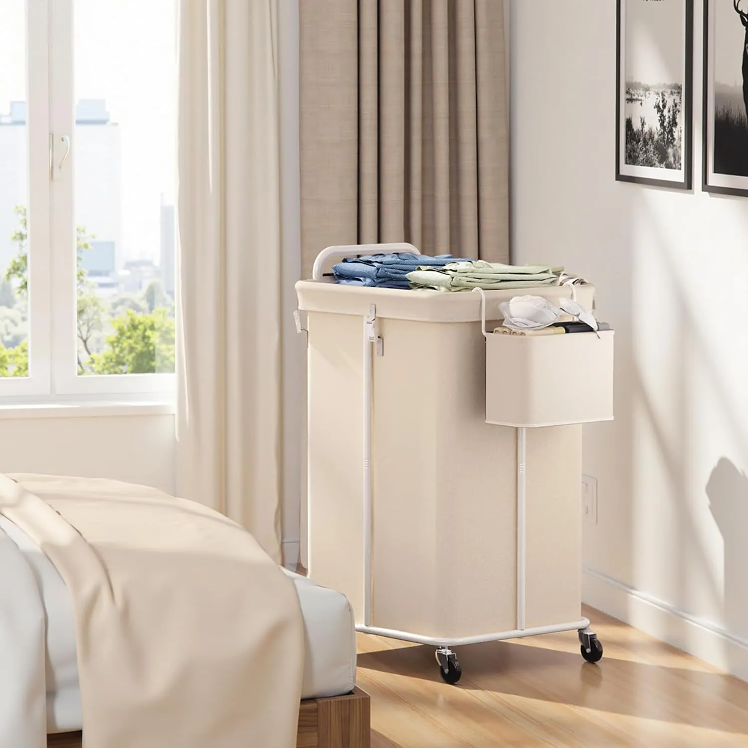 150L Laundry Hampers with wheels, 3 Section Rolling Laundry Cart with Side Basket, Large Hamper on Wheels