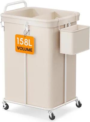 150L Laundry Hampers with wheels, 3 Section Rolling Laundry Cart with Side Basket, Large Hamper on Wheels