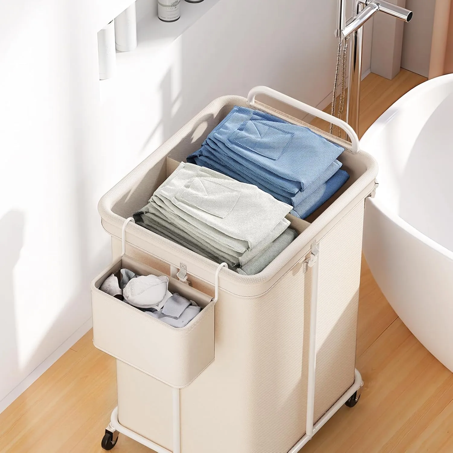 150L Laundry Hampers with wheels, 3 Section Rolling Laundry Cart with Side Basket, Large Hamper on Wheels
