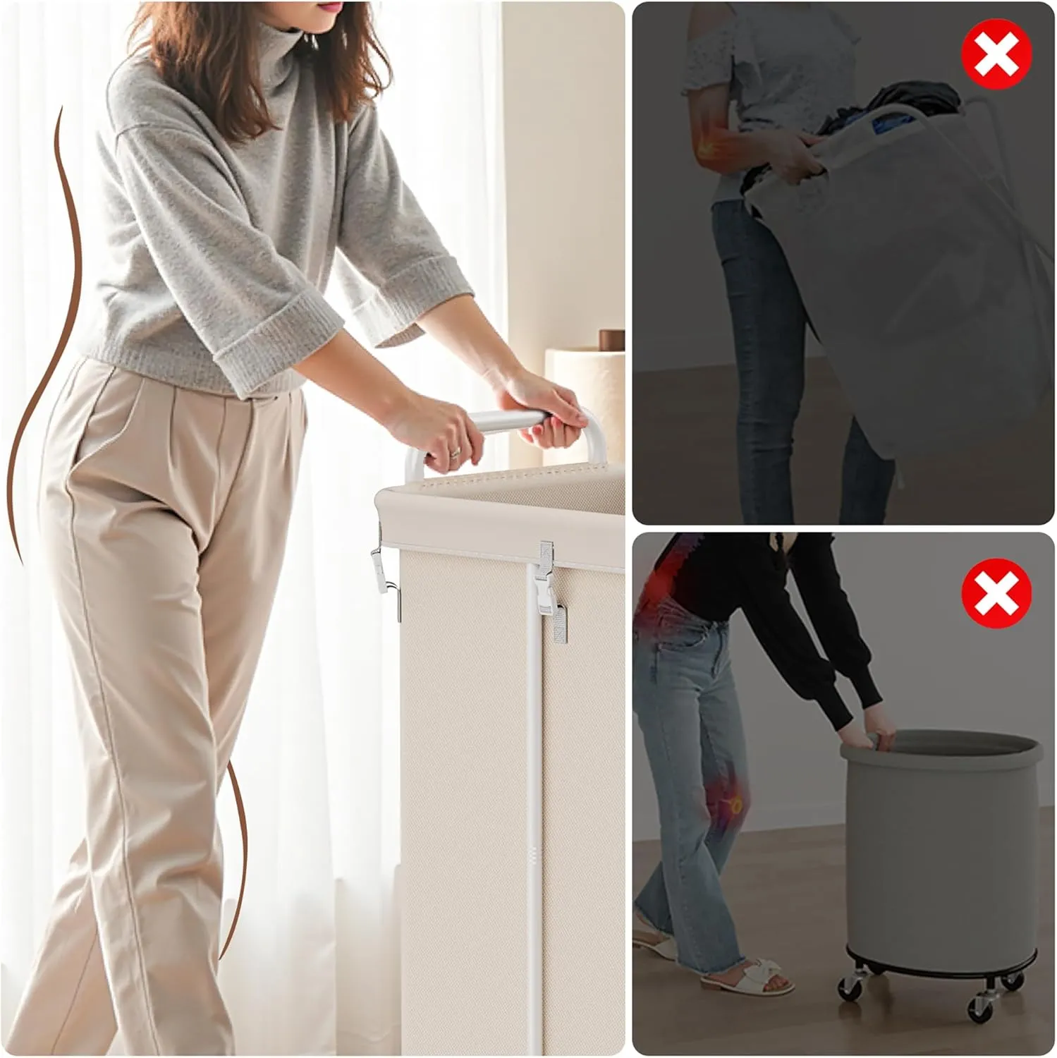 150L Laundry Hampers with wheels, 3 Section Rolling Laundry Cart with Side Basket, Large Hamper on Wheels