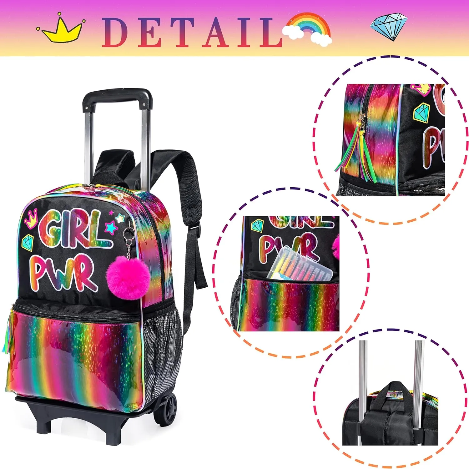 16 inch Rolling Backpack for Girls, Kids Roller Wheels Bookbag, Wheeled School Bag Suitcase Wheeled Backpack for Kindergarten Little Girls 4-6 Years