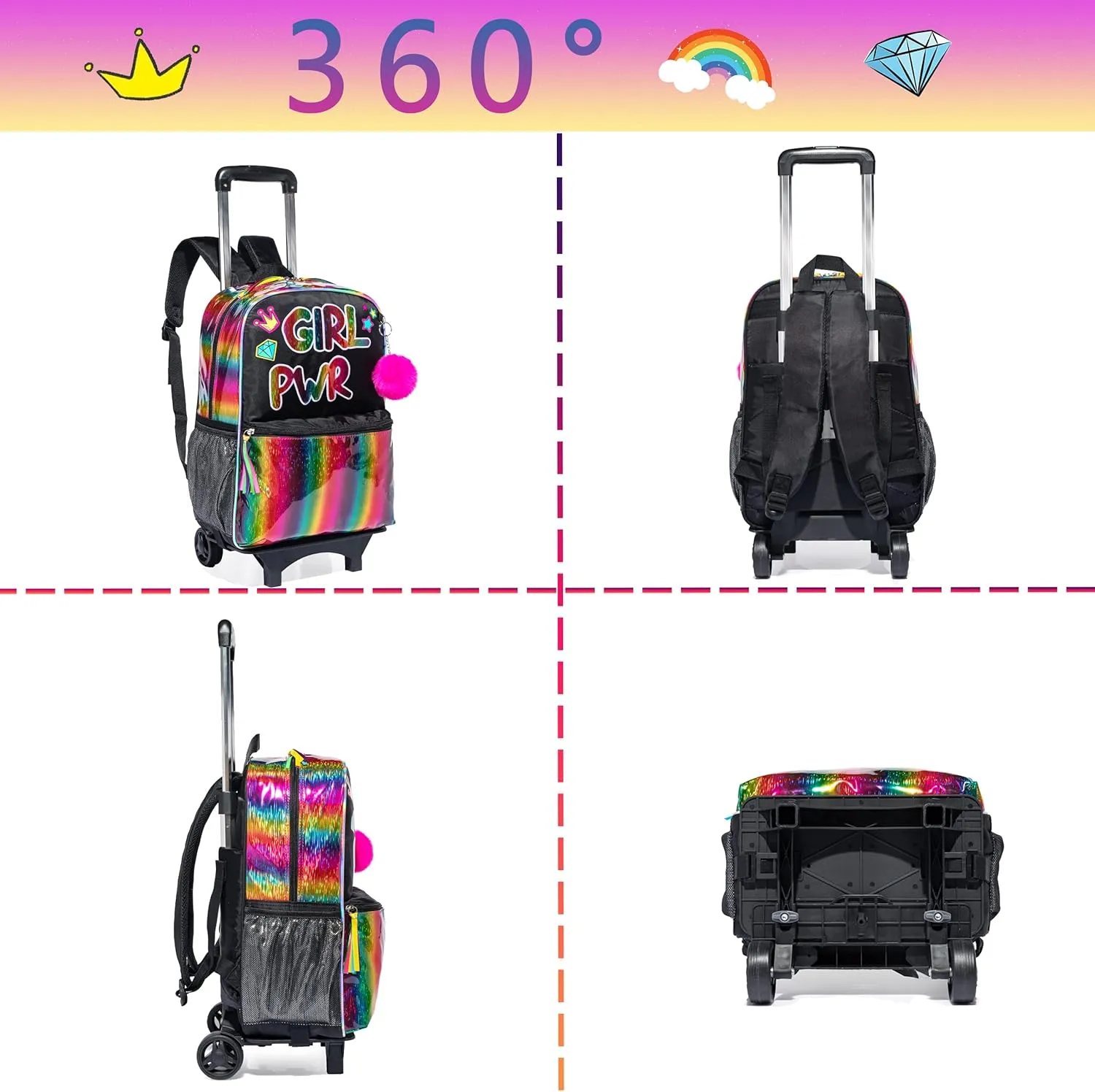 16 inch Rolling Backpack for Girls, Kids Roller Wheels Bookbag, Wheeled School Bag Suitcase Wheeled Backpack for Kindergarten Little Girls 4-6 Years