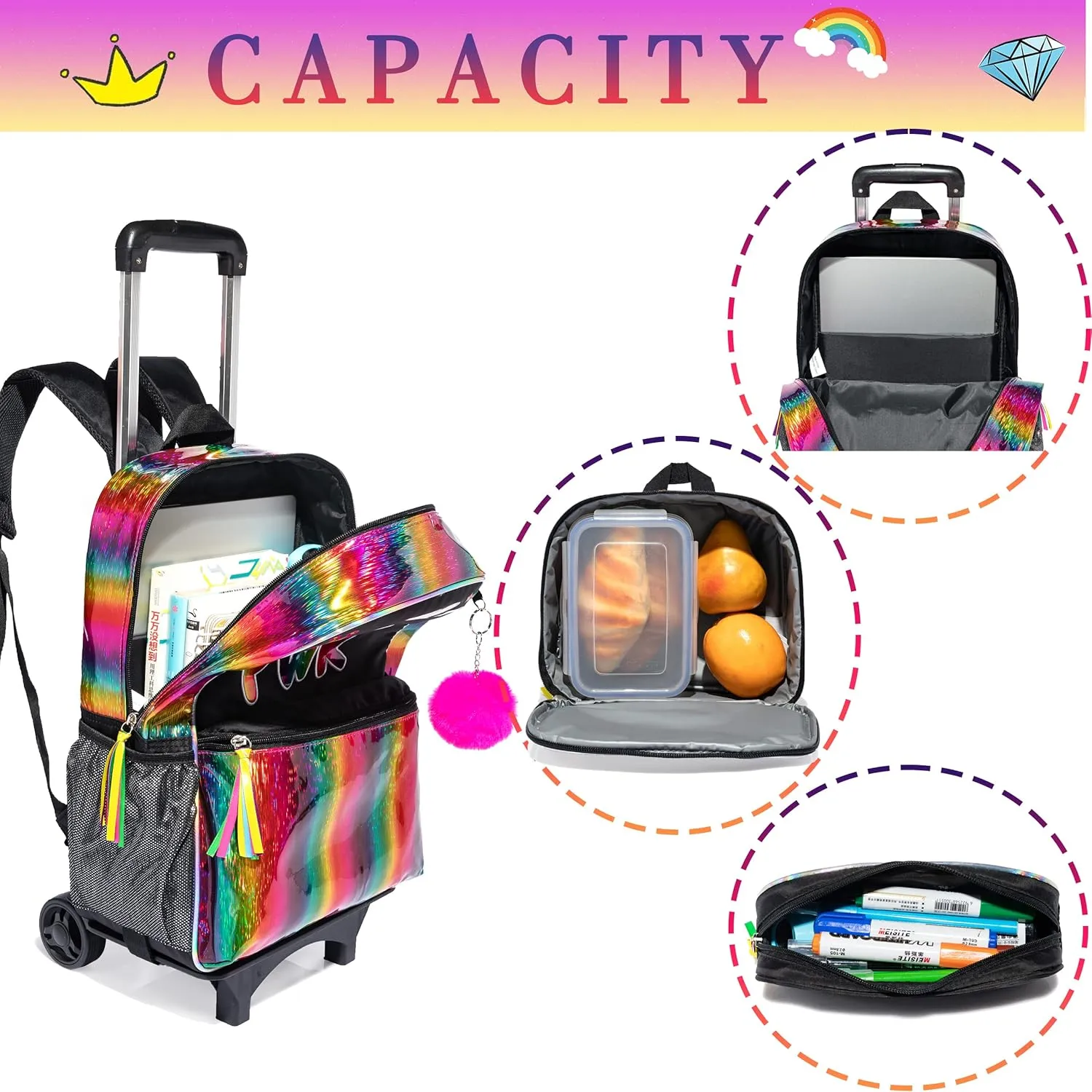16 inch Rolling Backpack for Girls, Kids Roller Wheels Bookbag, Wheeled School Bag Suitcase Wheeled Backpack for Kindergarten Little Girls 4-6 Years