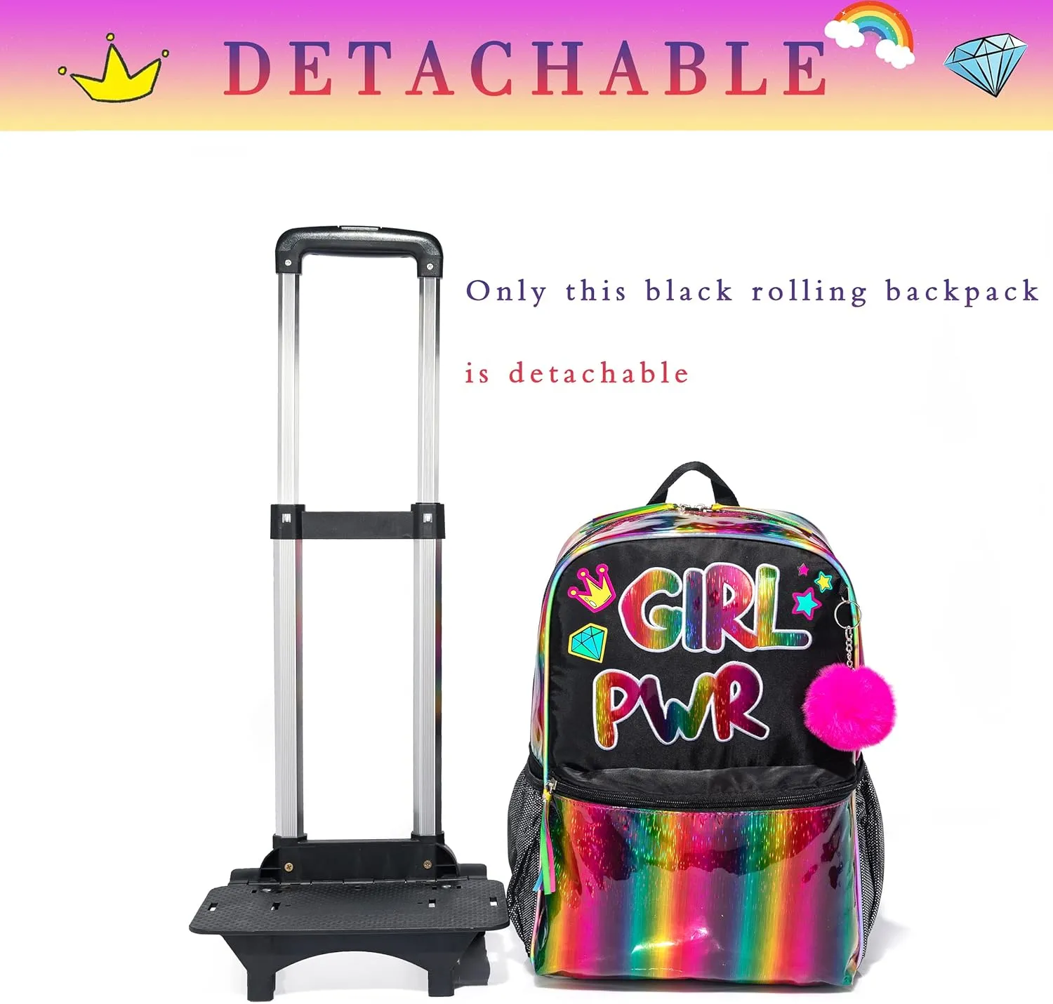 16 inch Rolling Backpack for Girls, Kids Roller Wheels Bookbag, Wheeled School Bag Suitcase Wheeled Backpack for Kindergarten Little Girls 4-6 Years