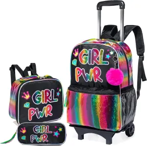 16 inch Rolling Backpack for Girls, Kids Roller Wheels Bookbag, Wheeled School Bag Suitcase Wheeled Backpack for Kindergarten Little Girls 4-6 Years