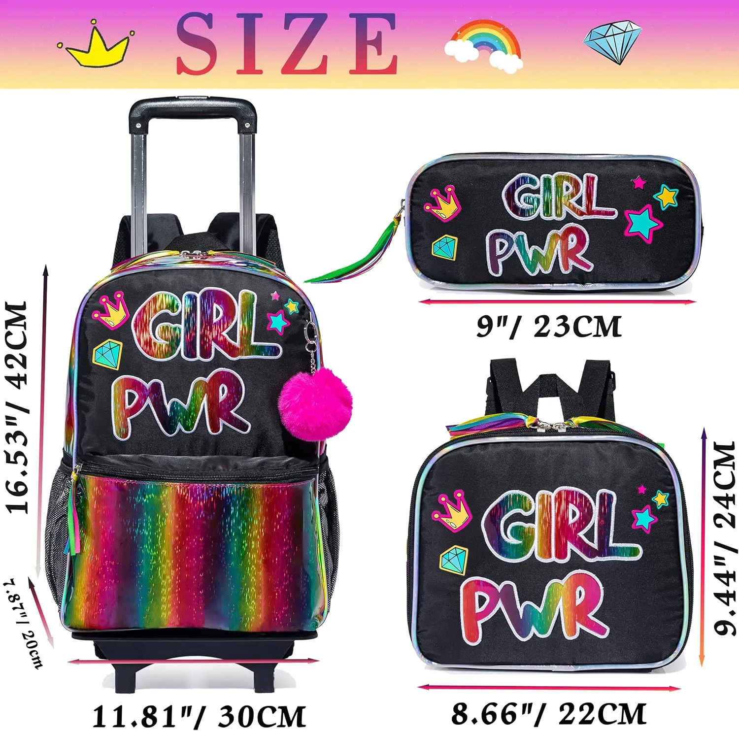 16 inch Rolling Backpack for Girls, Kids Roller Wheels Bookbag, Wheeled School Bag Suitcase Wheeled Backpack for Kindergarten Little Girls 4-6 Years
