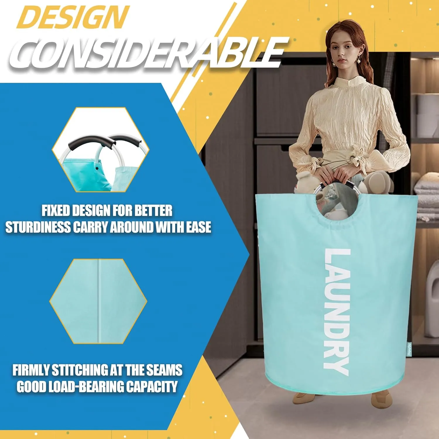 160L Large Laundry Basket, Collapsible Laundry Hamper with Padded Handles, Waterproof Laundry Bag, Tall Clothes Hamper Stand Up Well, Foldable Laundry Baskets for Easy Storage(Light Blue)