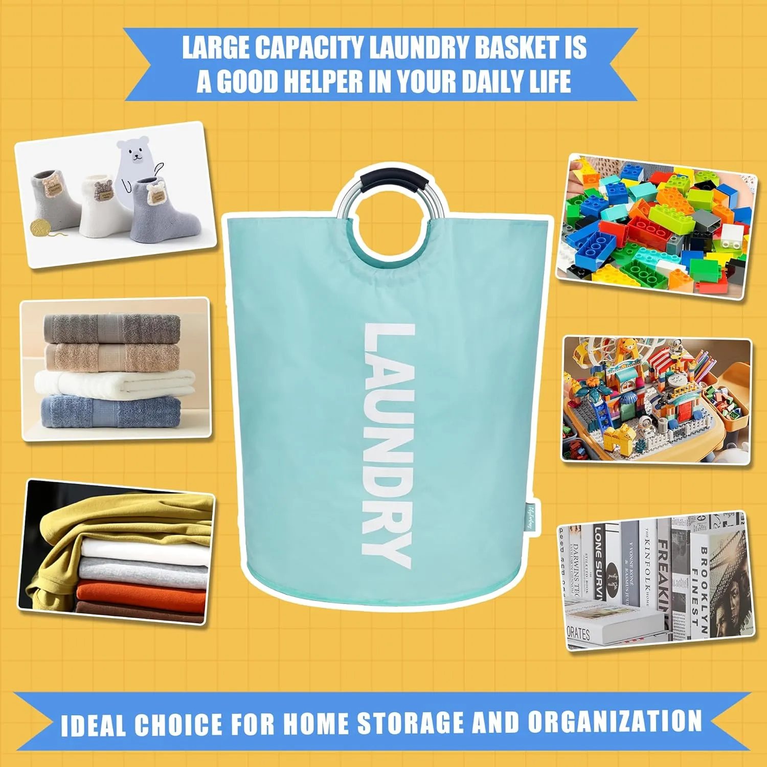 160L Large Laundry Basket, Collapsible Laundry Hamper with Padded Handles, Waterproof Laundry Bag, Tall Clothes Hamper Stand Up Well, Foldable Laundry Baskets for Easy Storage(Light Blue)