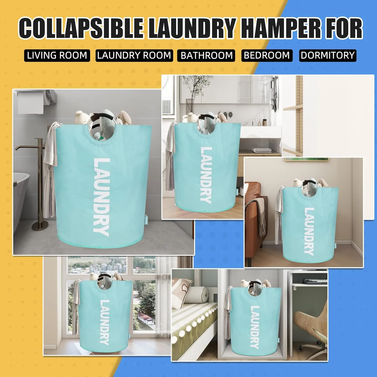 160L Large Laundry Basket, Collapsible Laundry Hamper with Padded Handles, Waterproof Laundry Bag, Tall Clothes Hamper Stand Up Well, Foldable Laundry Baskets for Easy Storage(Light Blue)