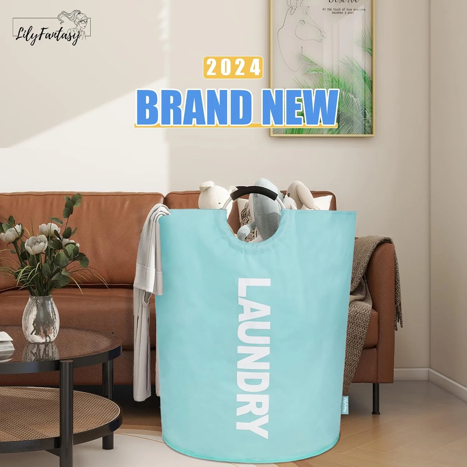 160L Large Laundry Basket, Collapsible Laundry Hamper with Padded Handles, Waterproof Laundry Bag, Tall Clothes Hamper Stand Up Well, Foldable Laundry Baskets for Easy Storage(Light Blue)