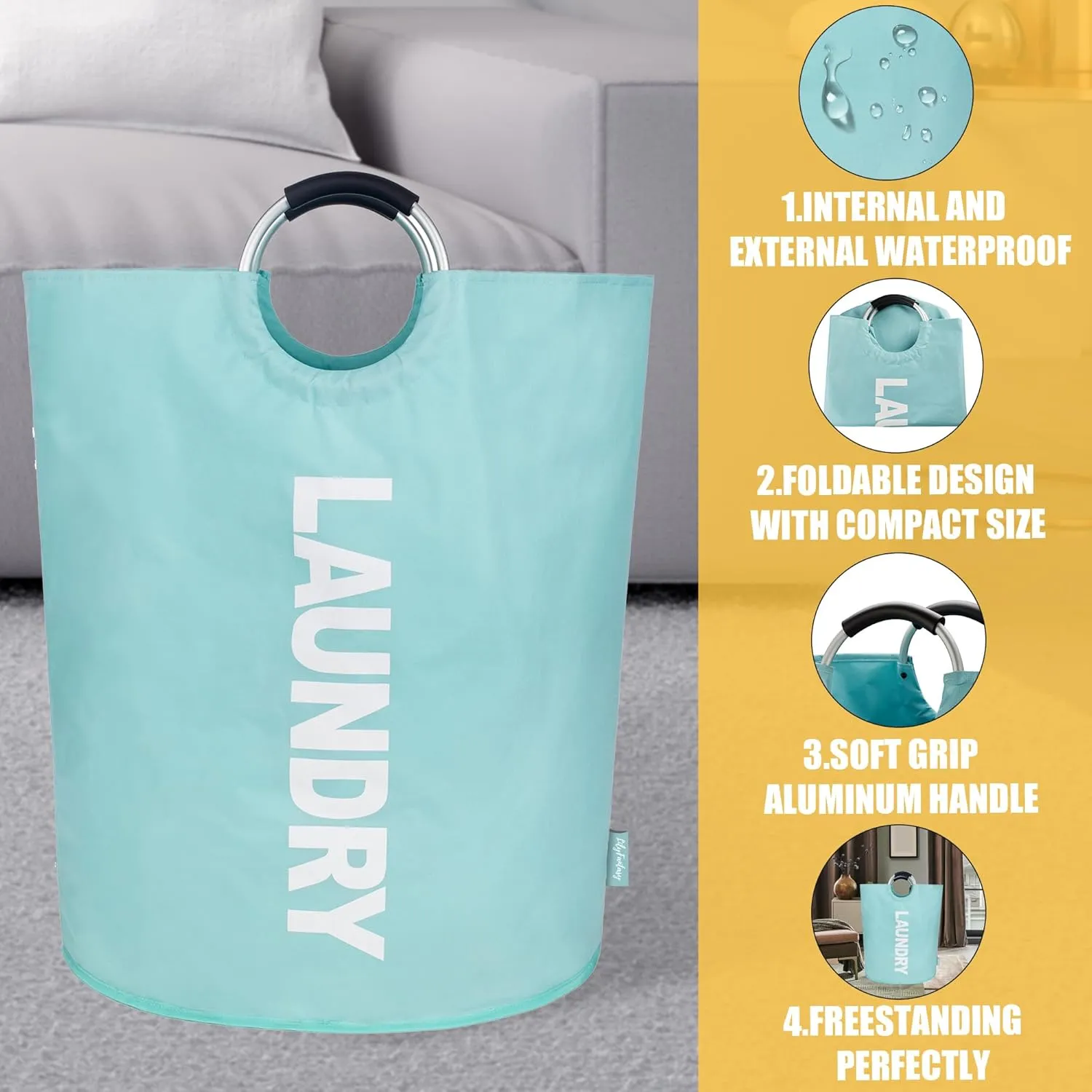 160L Large Laundry Basket, Collapsible Laundry Hamper with Padded Handles, Waterproof Laundry Bag, Tall Clothes Hamper Stand Up Well, Foldable Laundry Baskets for Easy Storage(Light Blue)