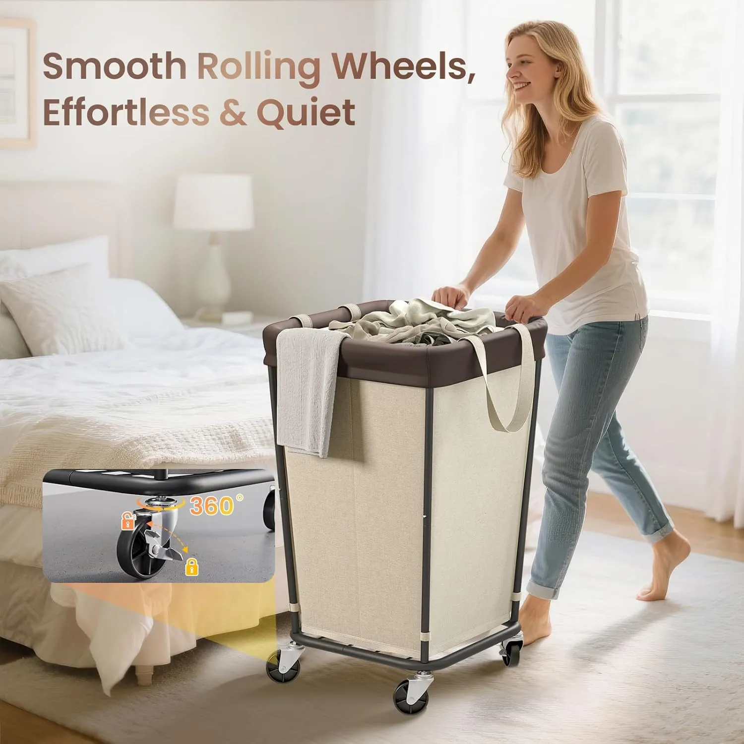 160L Laundry Basket with Wheels, 2-Section Rolling Hamper for Laundry, Large Laundry Hamper with Wheels, Rolling Laundry Basket Clothes Hamper for Home, Bathrooms and Dorm(Beige)
