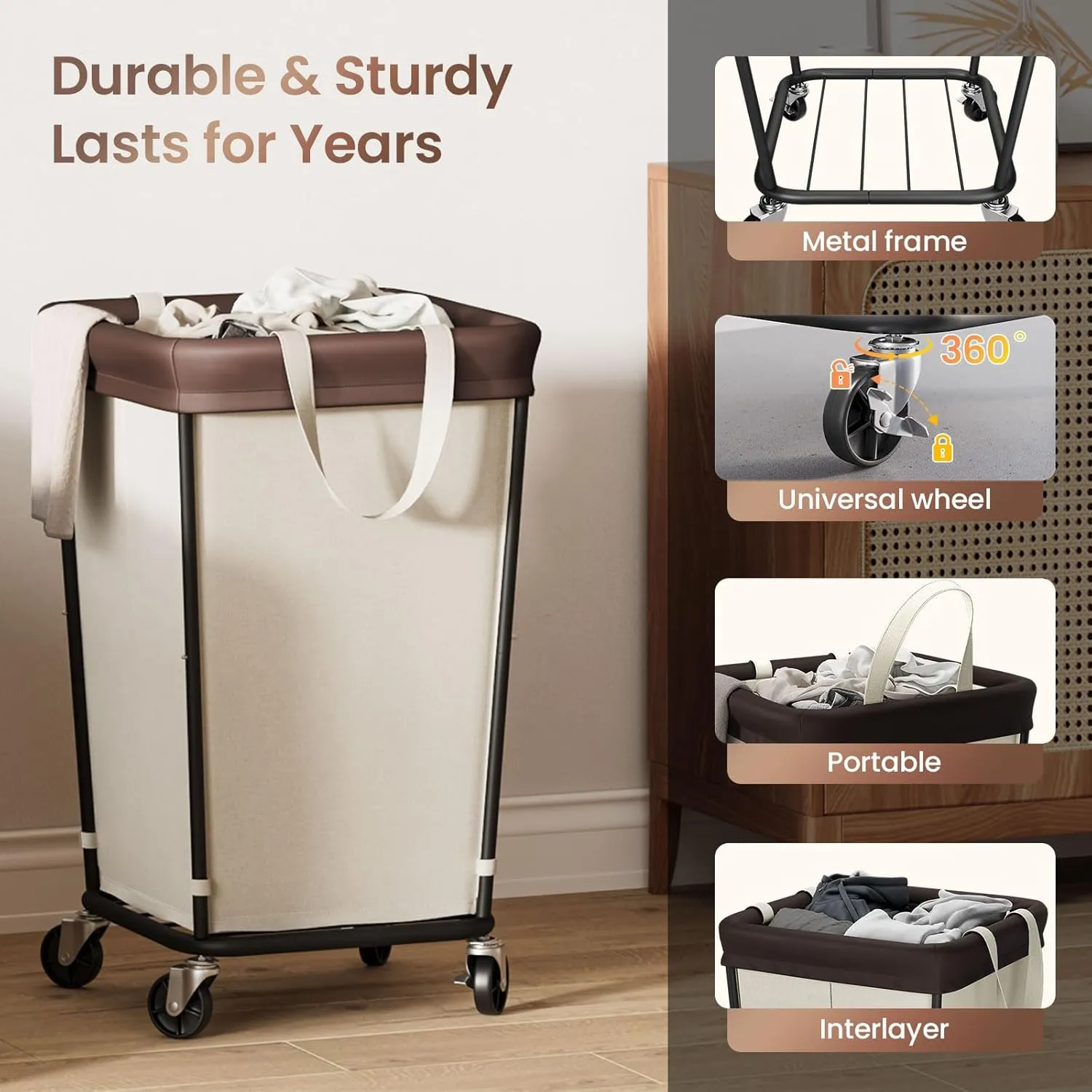 160L Laundry Basket with Wheels, 2-Section Rolling Hamper for Laundry, Large Laundry Hamper with Wheels, Rolling Laundry Basket Clothes Hamper for Home, Bathrooms and Dorm(Beige)