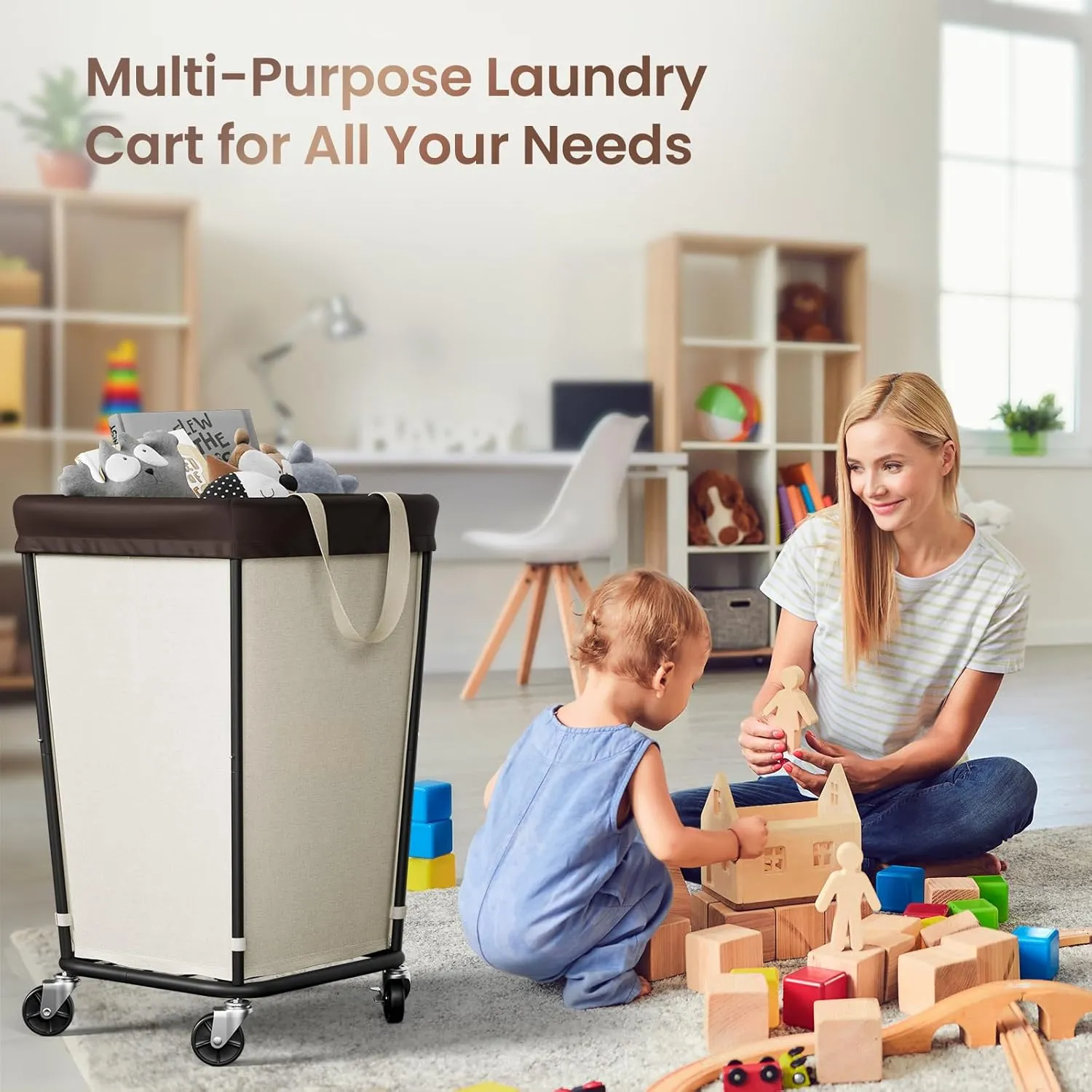 160L Laundry Basket with Wheels, 2-Section Rolling Hamper for Laundry, Large Laundry Hamper with Wheels, Rolling Laundry Basket Clothes Hamper for Home, Bathrooms and Dorm(Beige)