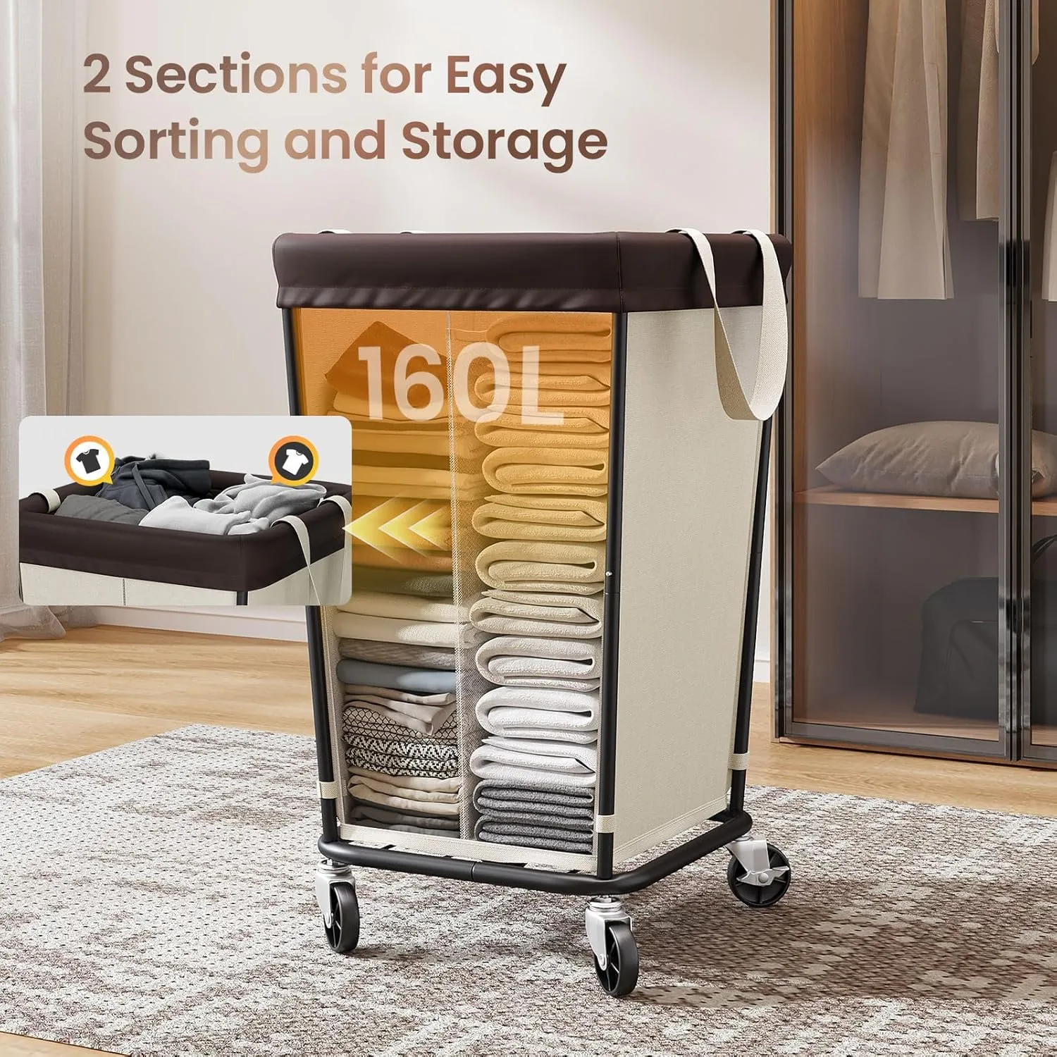 160L Laundry Basket with Wheels, 2-Section Rolling Hamper for Laundry, Large Laundry Hamper with Wheels, Rolling Laundry Basket Clothes Hamper for Home, Bathrooms and Dorm(Beige)