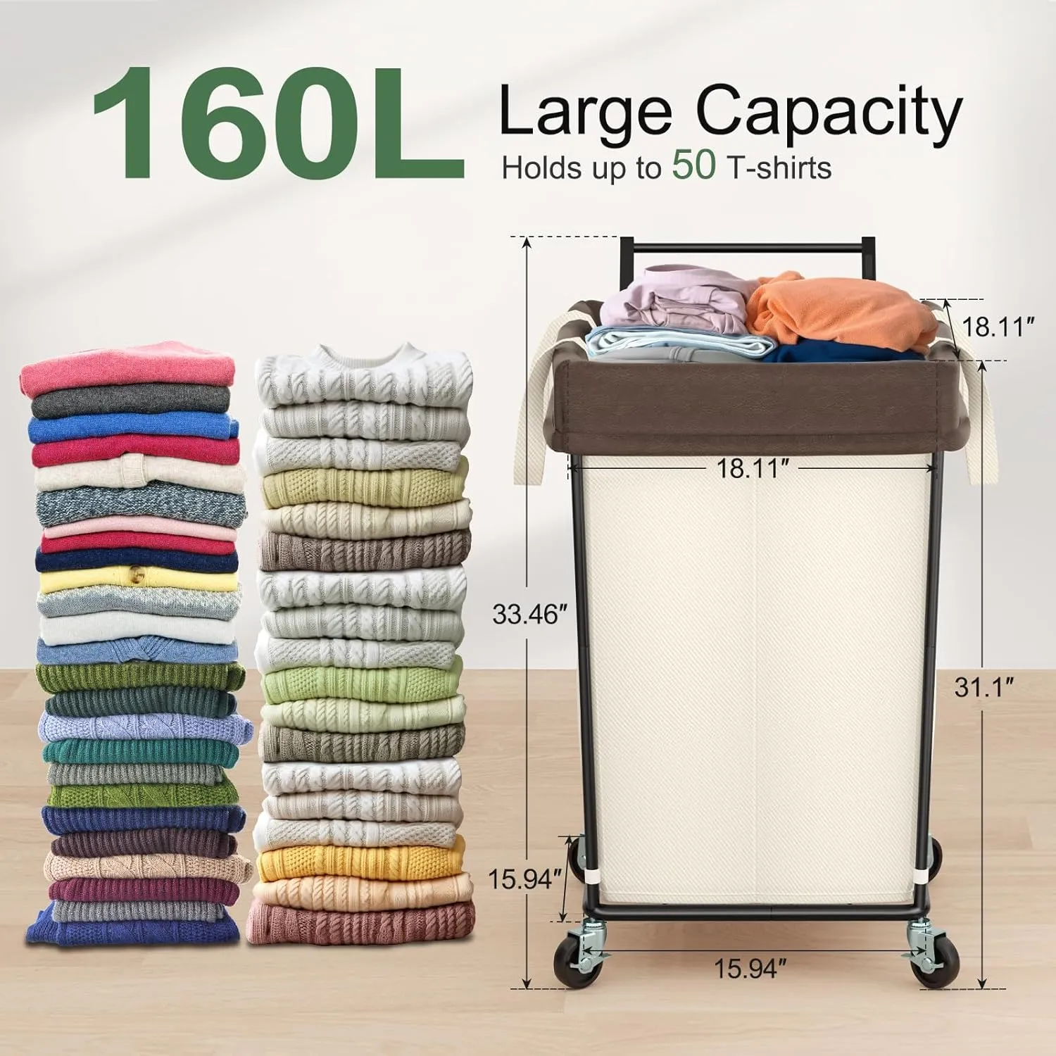 160L Laundry Hamper with Wheels and Handle, 2 Section Large Rolling Laundry Basket Bag with Wheels, Clothes Hamper Cart for Laundry, Bedroom, Bathroom and Dorm