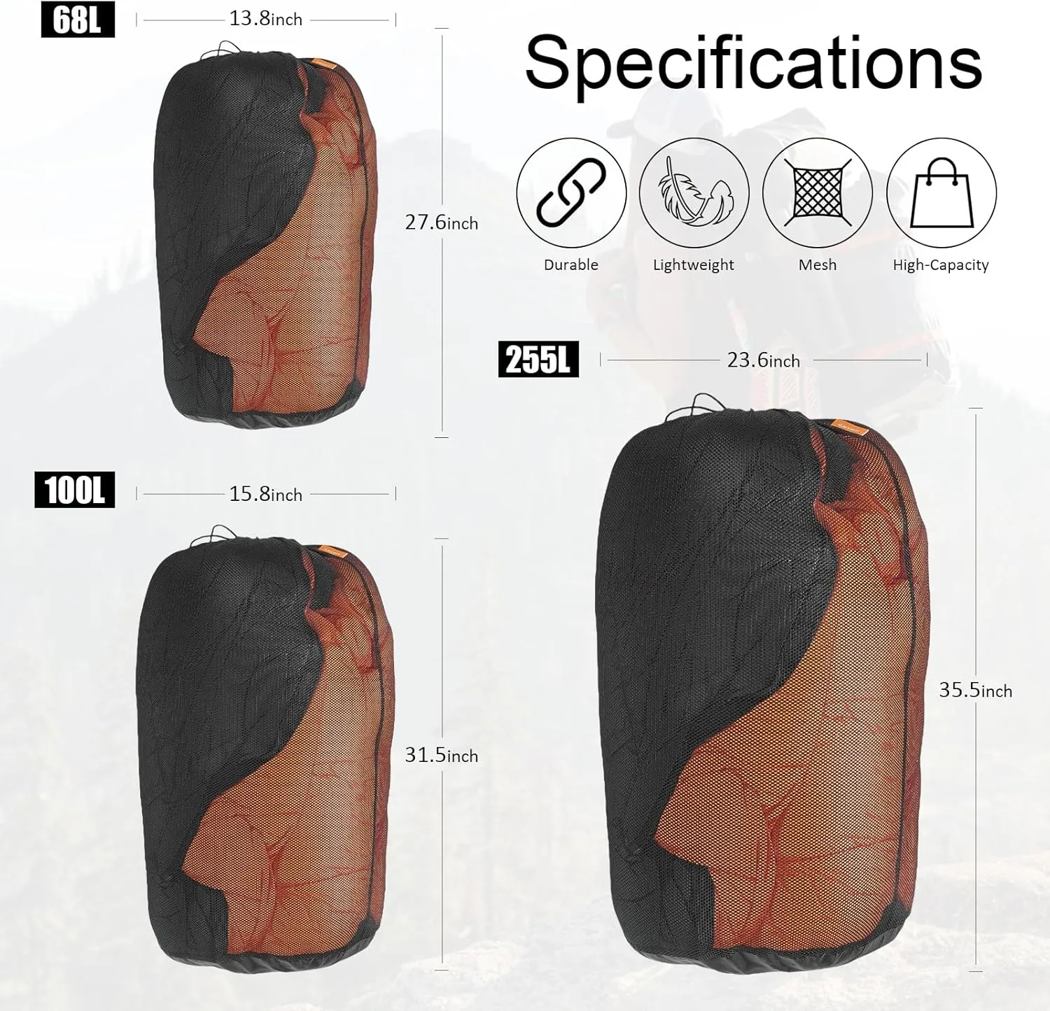 1Pcs 255L Mesh Sleeping Bag Storage Sack Stuff Sack Mesh Laundry Bag Drawstring Bag，Tear-Resistant Polyester Mesh,300D Oxford Bottom,Anti-Dirt and Water-Resistant.