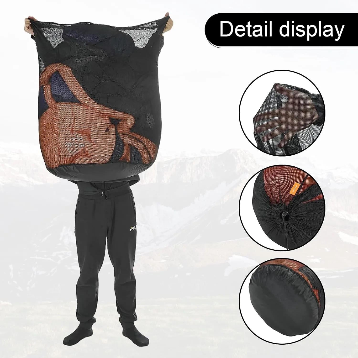 1Pcs 255L Mesh Sleeping Bag Storage Sack Stuff Sack Mesh Laundry Bag Drawstring Bag，Tear-Resistant Polyester Mesh,300D Oxford Bottom,Anti-Dirt and Water-Resistant.