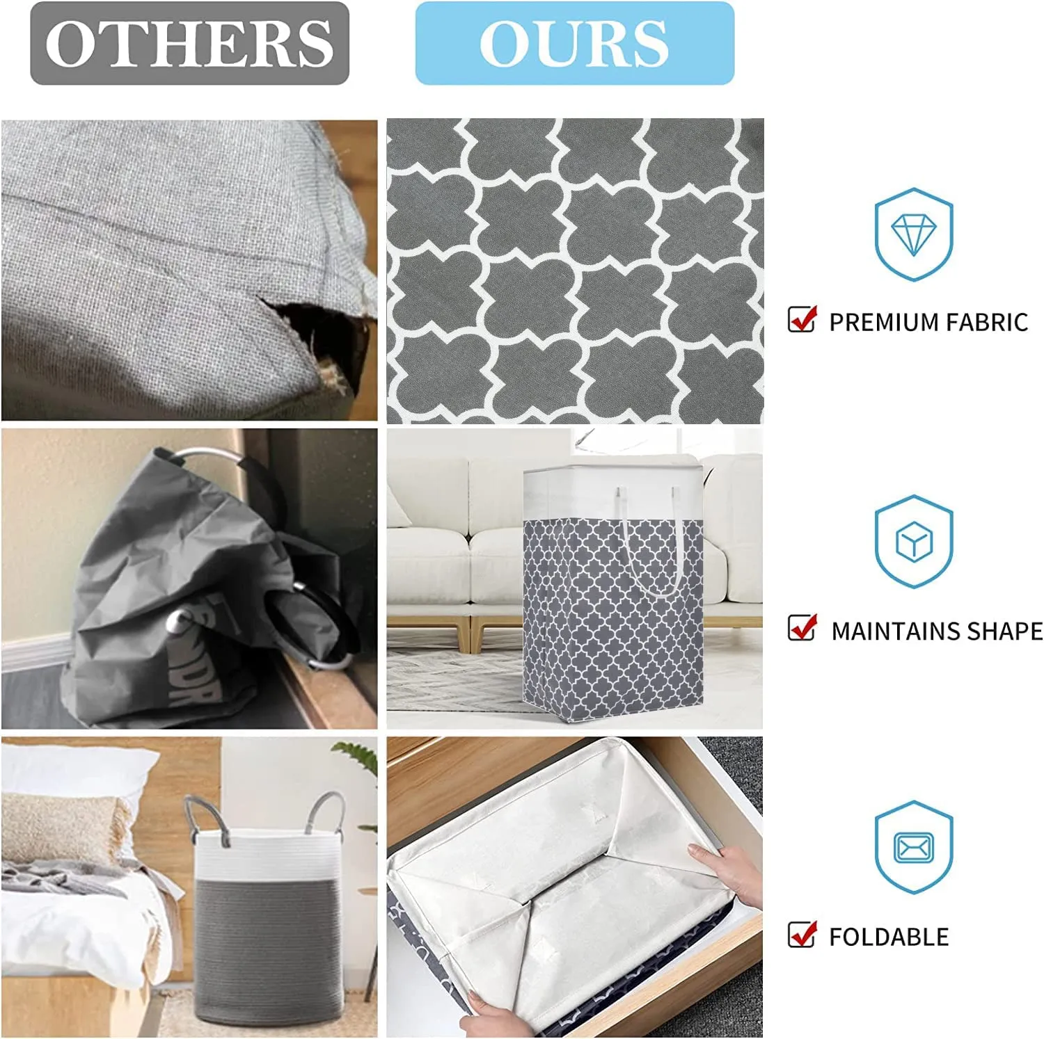2-Pack Laundry Baskets, Laundry Hamper with Long Handles, Collapsible Waterproof Clothes Hamper, Durable Tall Laundry Bin, Clothes Hamper for Bedroom, Bathroom, Dorm, Toys