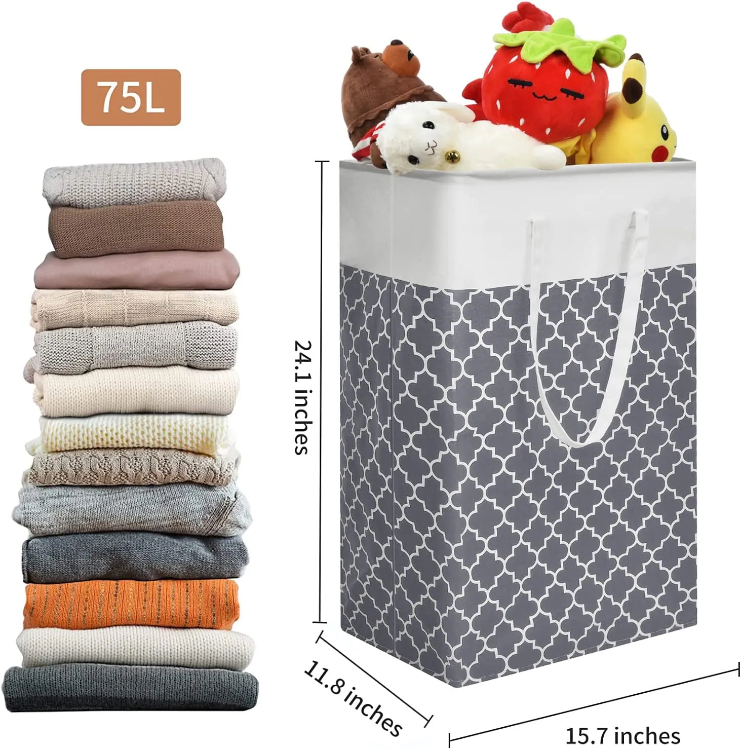 2-Pack Laundry Baskets, Laundry Hamper with Long Handles, Collapsible Waterproof Clothes Hamper, Durable Tall Laundry Bin, Clothes Hamper for Bedroom, Bathroom, Dorm, Toys