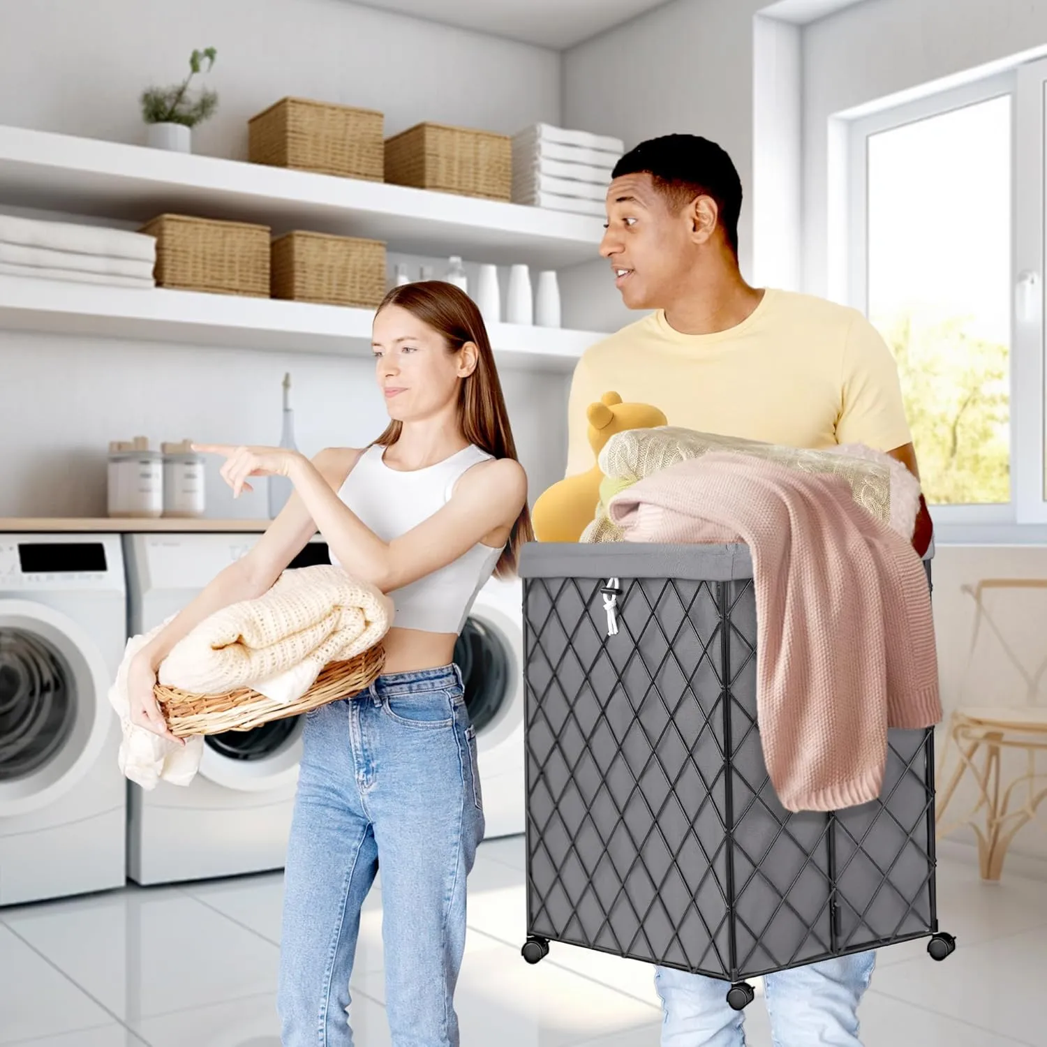 2 Pack Laundry Hamper on Wheels-92L Basket Large Laundry Collapsible With Removable Liner,Rolling Metal Wire Basket-Sturdy Laundry Bag for Dirty Clothes Organization Closet Bathroom Living Room