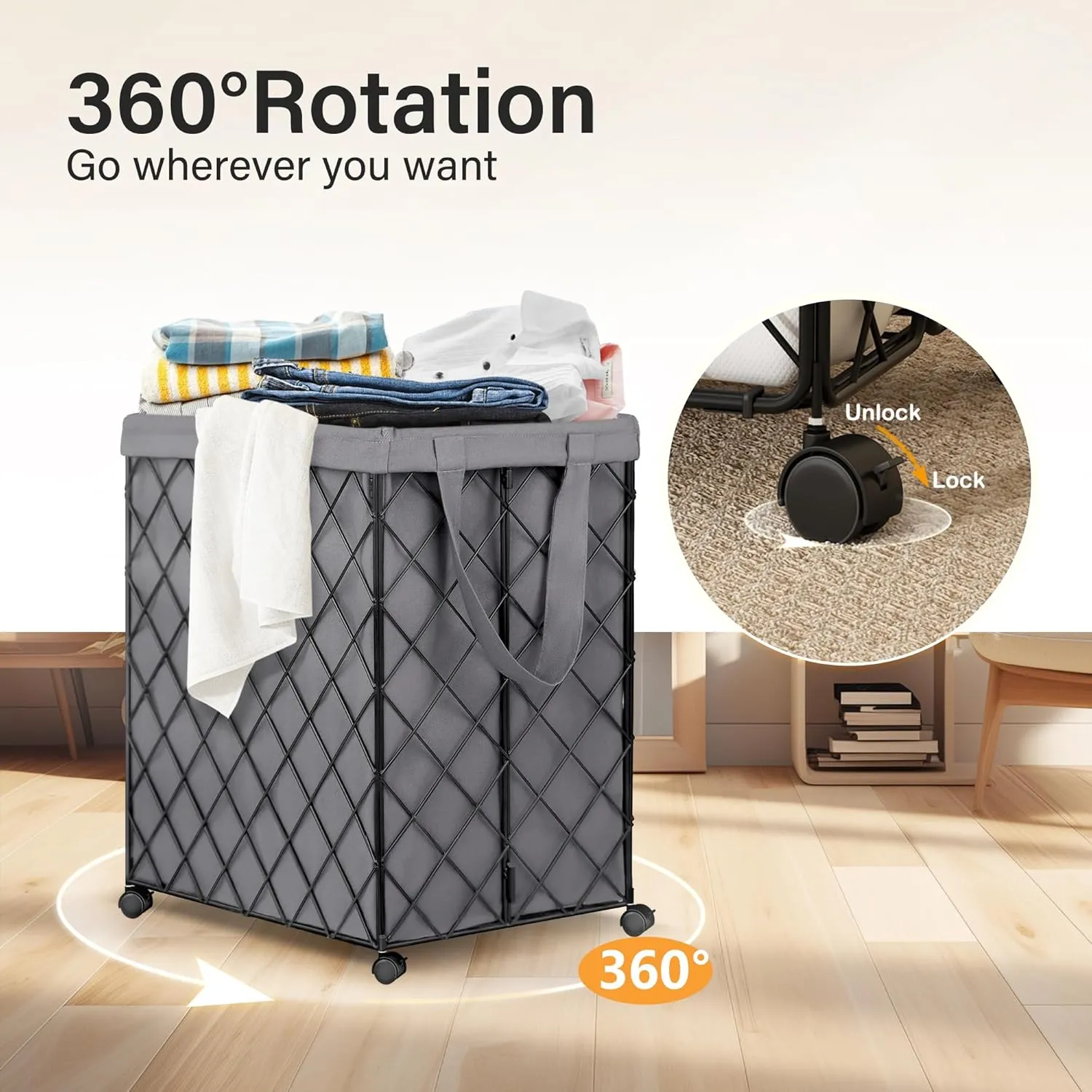 2 Pack Laundry Hamper on Wheels-92L Basket Large Laundry Collapsible With Removable Liner,Rolling Metal Wire Basket-Sturdy Laundry Bag for Dirty Clothes Organization Closet Bathroom Living Room