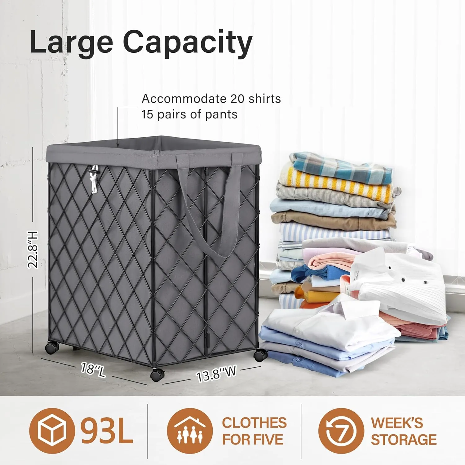2 Pack Laundry Hamper on Wheels-92L Basket Large Laundry Collapsible With Removable Liner,Rolling Metal Wire Basket-Sturdy Laundry Bag for Dirty Clothes Organization Closet Bathroom Living Room
