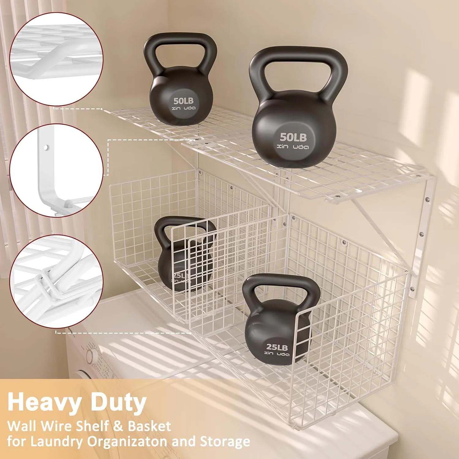2 Pack Laundry Room Shelves Wall Mounted with Wire Baskets, Over the Washer and Dryer Shelf with Clothes Drying Rack, 8 Hooks，Wire Shelves Baskets for Laundry Closet Organization and Storage, White