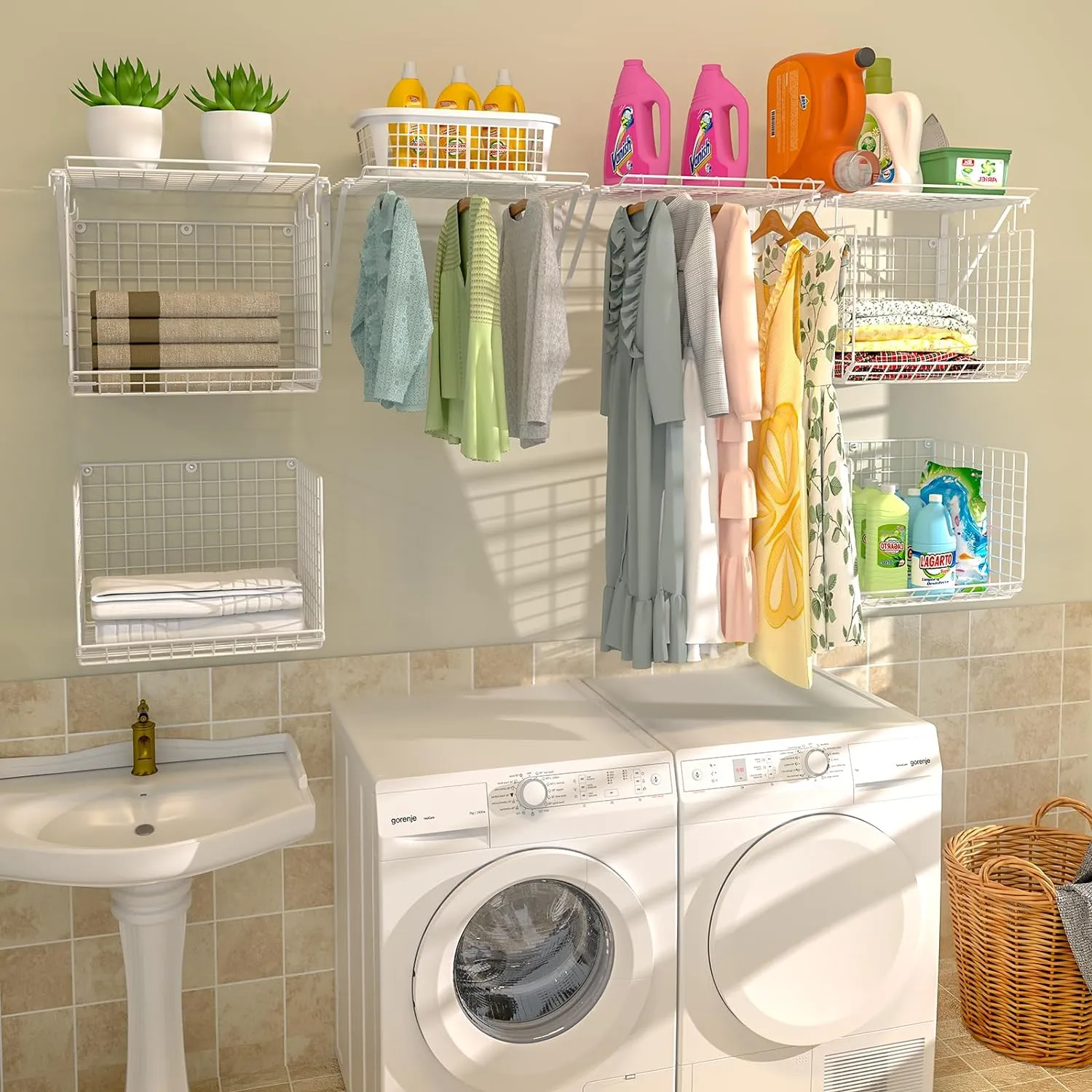 2 Pack Laundry Room Shelves Wall Mounted with Wire Baskets, Over the Washer and Dryer Shelf with Clothes Drying Rack, 8 Hooks，Wire Shelves Baskets for Laundry Closet Organization and Storage, White