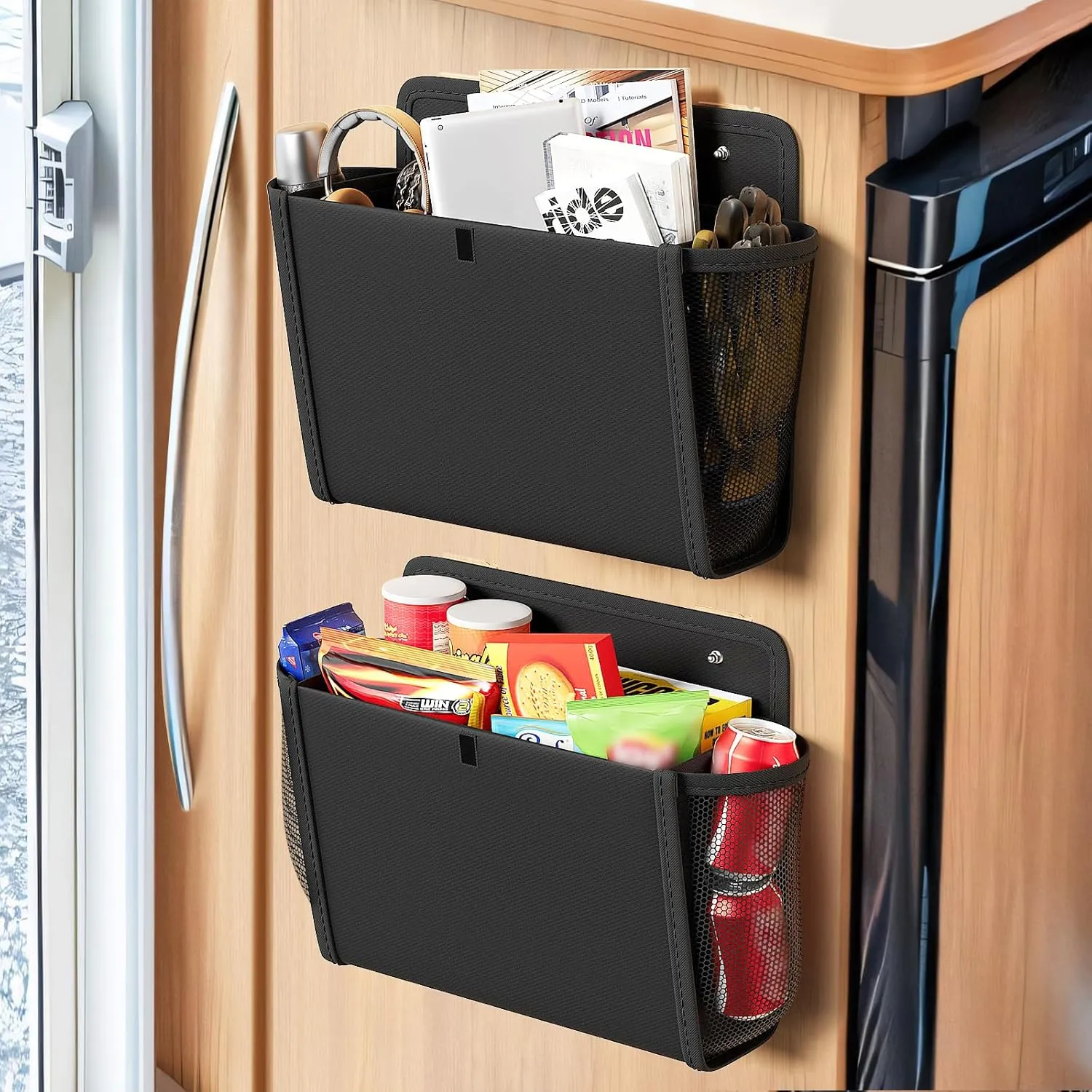 2 Pack Wall Hanging Storage Organizer, Wall Pocket Hanging Bag with Large Pockets & Sticky Adhesive Tape Wall Mounted Storage Door organizer for RV Camper Kitchen Office Black