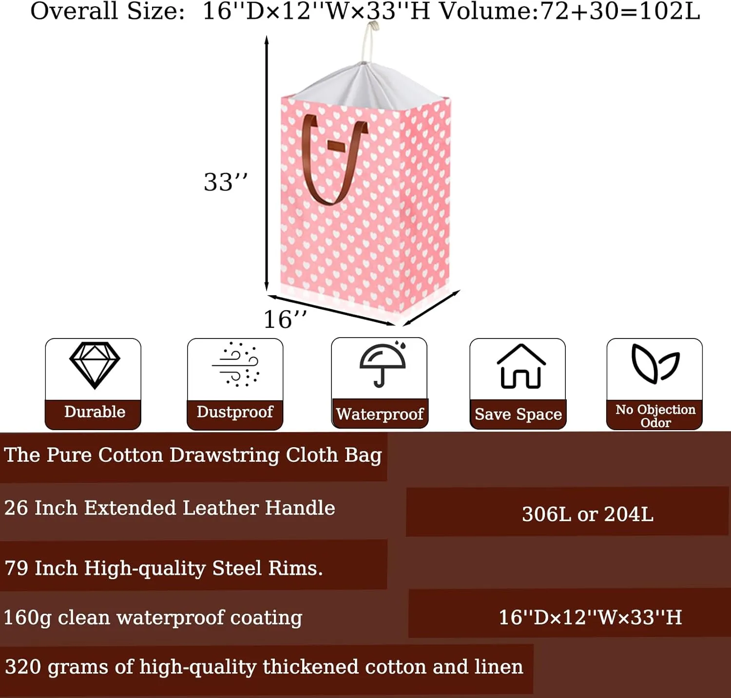 2-Pack Waterproof Laundry Hamper Drawstring Collapsible Laundry Basket Extended Leather Handle Large Laundry Hamper for Clothes Storage Toy Organizer in the Family,Dorm,Nursery(204L)