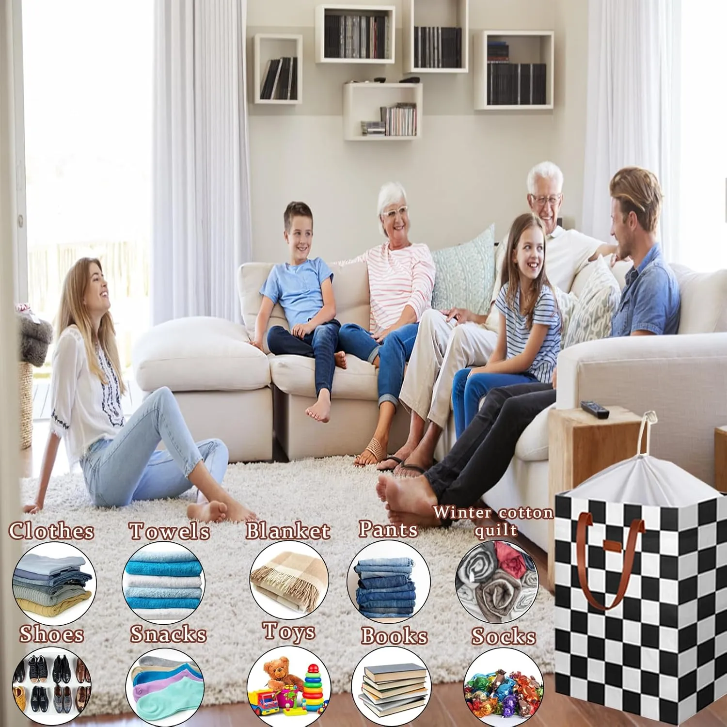 204L Drawstring Laundry Hamper Large Waterproof Laundry Basket Collapsible Laundry Bag Extended Leather Handle Clothes Storage Toy Organization (21-Classical Piano Love Decoration)