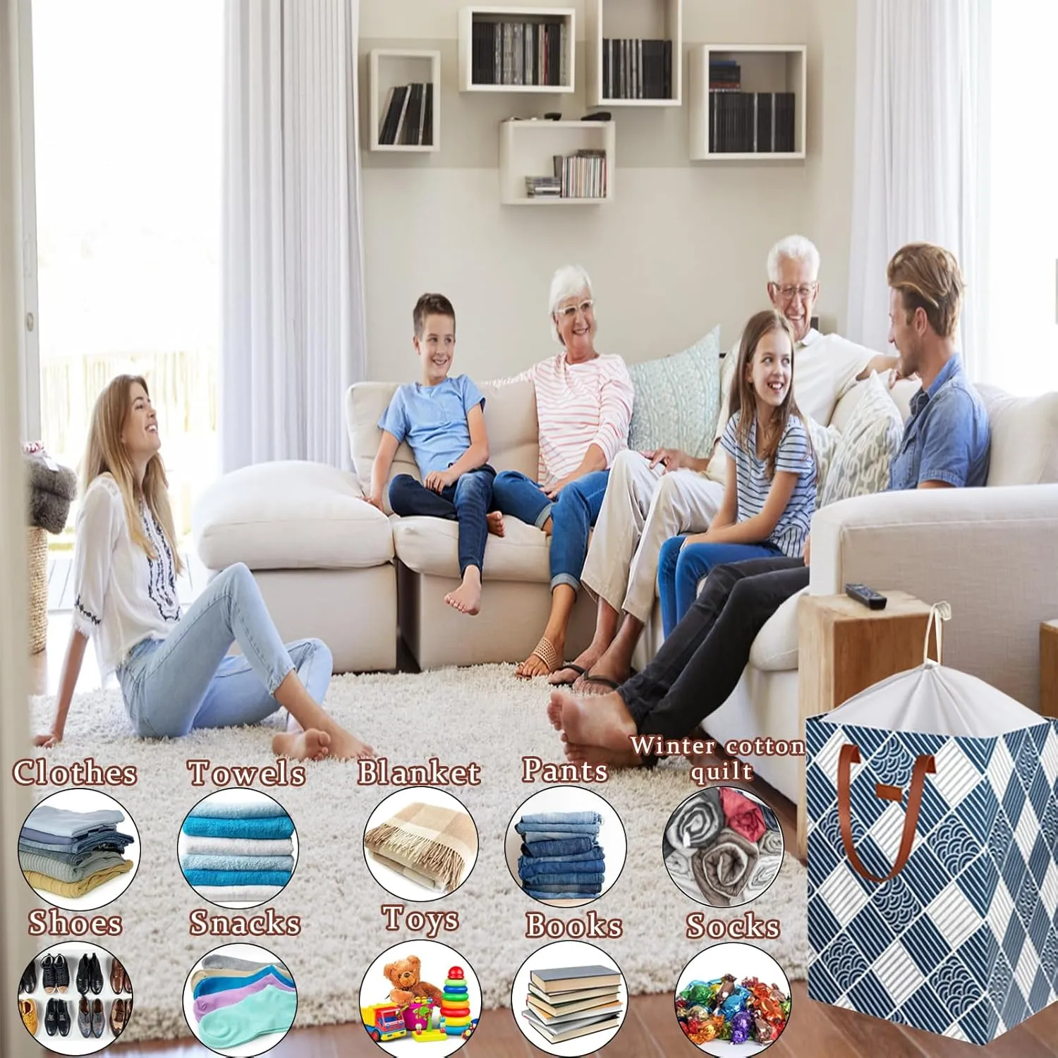 204L Drawstring Laundry Hamper Large Waterproof Laundry Basket Collapsible Laundry Bag Extended Leather Handle Clothes Storage Toy Organization (32- Classical Auspicious Decoration, 2-Pack)