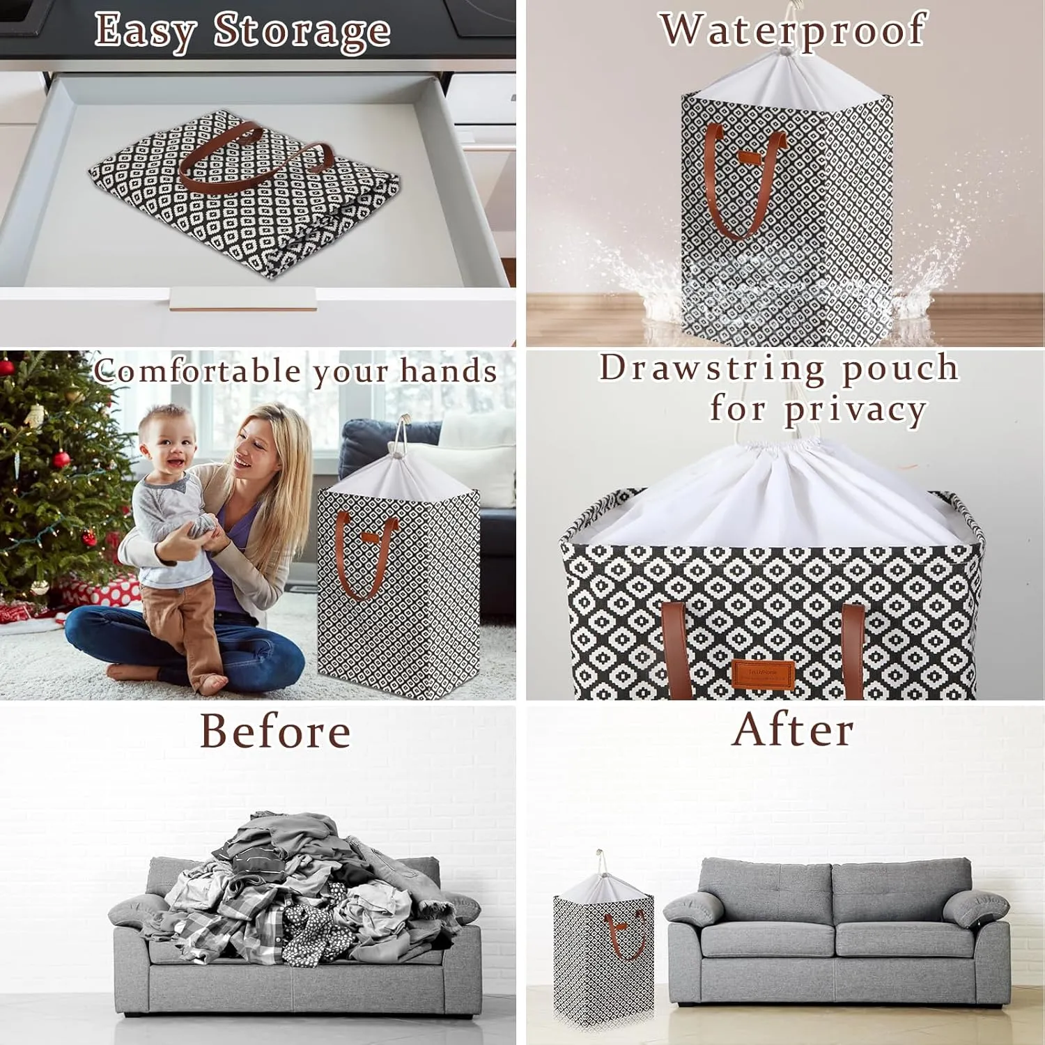 204L Drawstring Laundry Hamper Large Waterproof Laundry Basket Collapsible Laundry Bag Extended Leather Handle Clothes Storage Toy Organization (32- Classical Auspicious Decoration, 2-Pack)