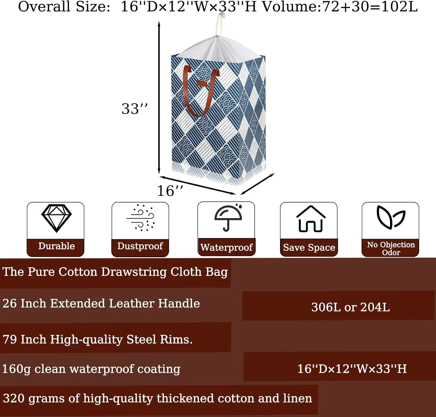 204L Drawstring Laundry Hamper Large Waterproof Laundry Basket Collapsible Laundry Bag Extended Leather Handle Clothes Storage Toy Organization (32- Classical Auspicious Decoration, 2-Pack)
