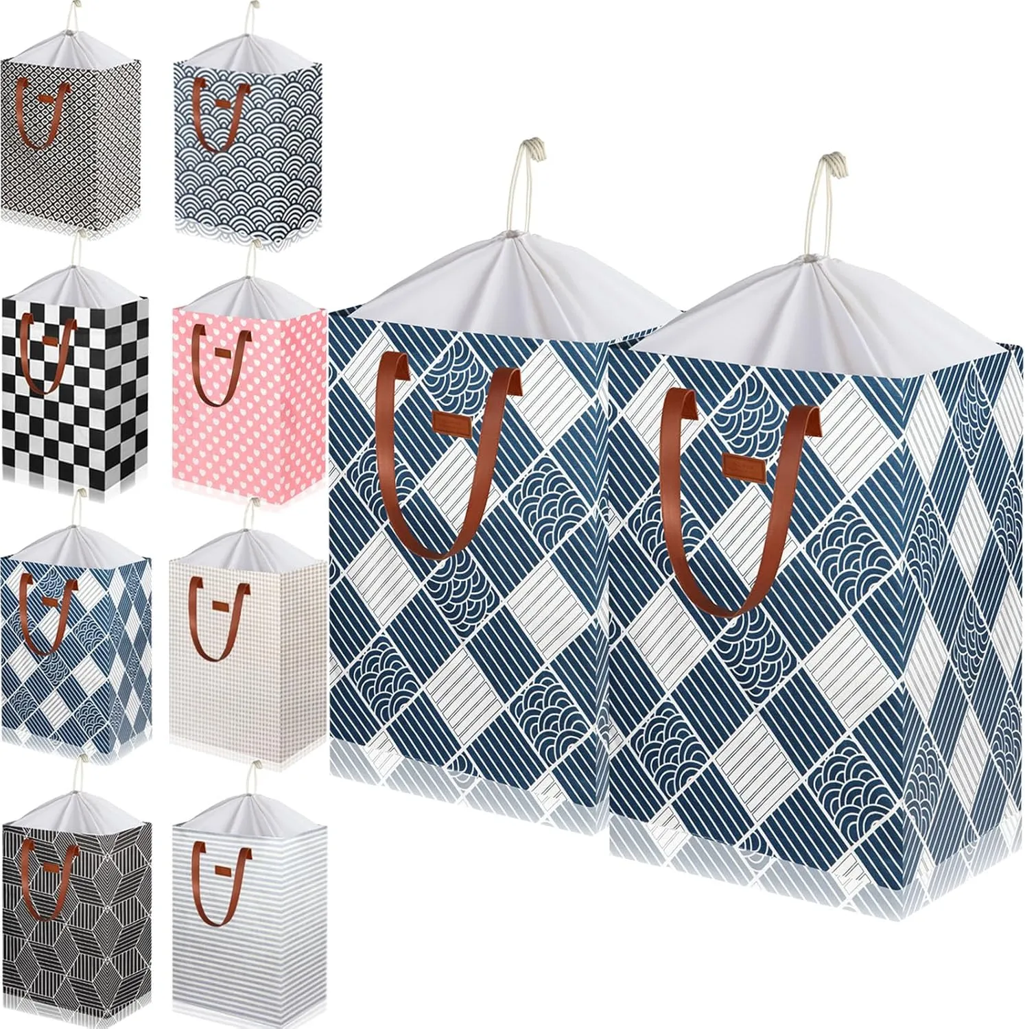 204L Drawstring Laundry Hamper Large Waterproof Laundry Basket Collapsible Laundry Bag Extended Leather Handle Clothes Storage Toy Organization (32- Classical Auspicious Decoration, 2-Pack)