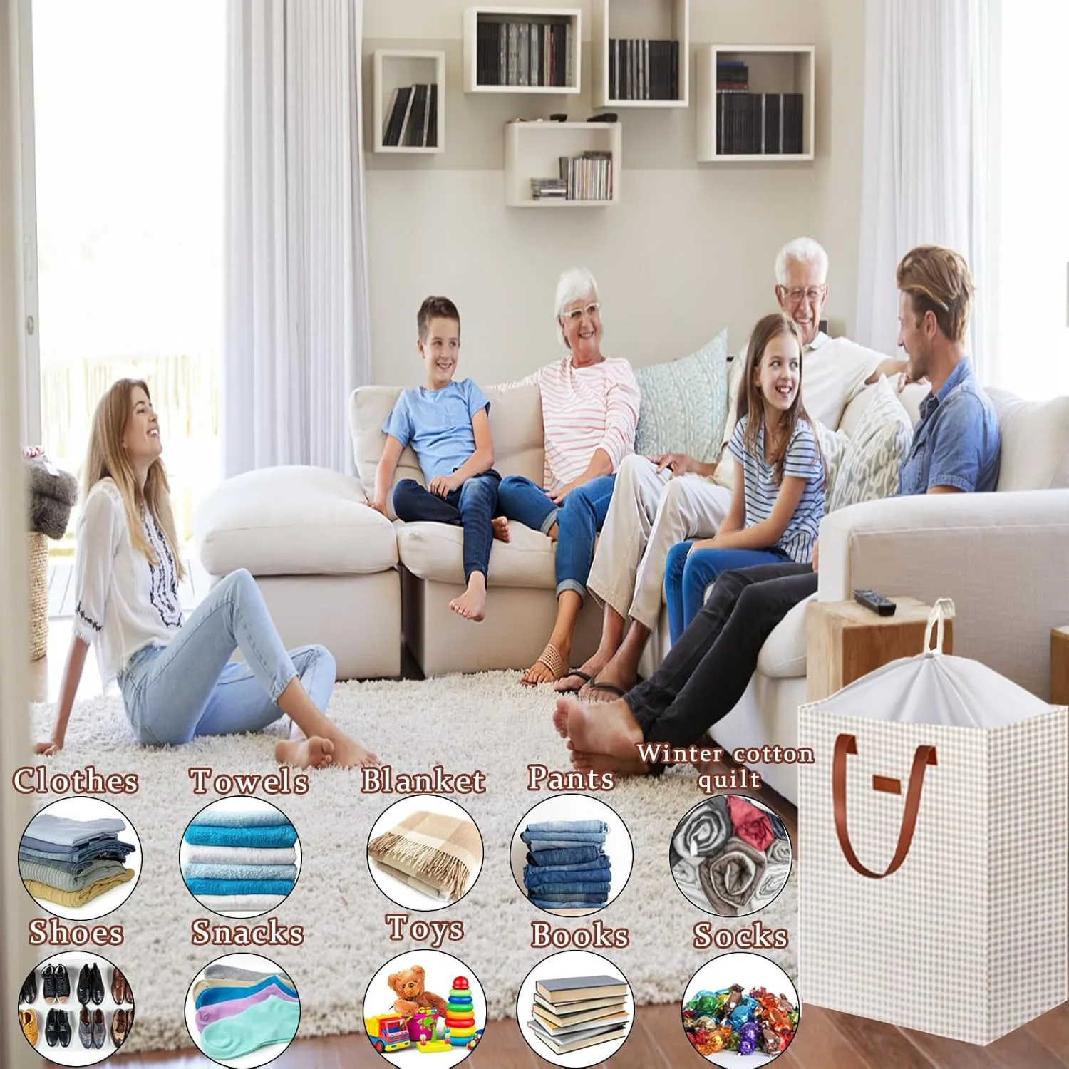 204L Drawstring Laundry Hamper Large Waterproof Laundry Basket Collapsible Laundry Bag Extended Leather Handle Clothes Storage Toy Organization (71- Noble Gold Dots)