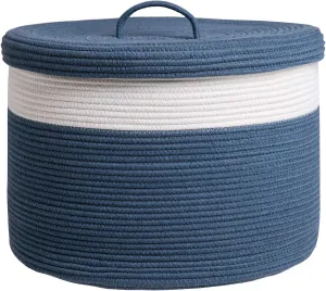 20" x 20" x 15" Extra Large Storage Basket with Lid, Cotton Rope Storage Baskets, Laundry Hamper, Cloth Bin, for Clothes Towels Blankets Pillows Storage in Living Room, Basket with Cover Dark Blue