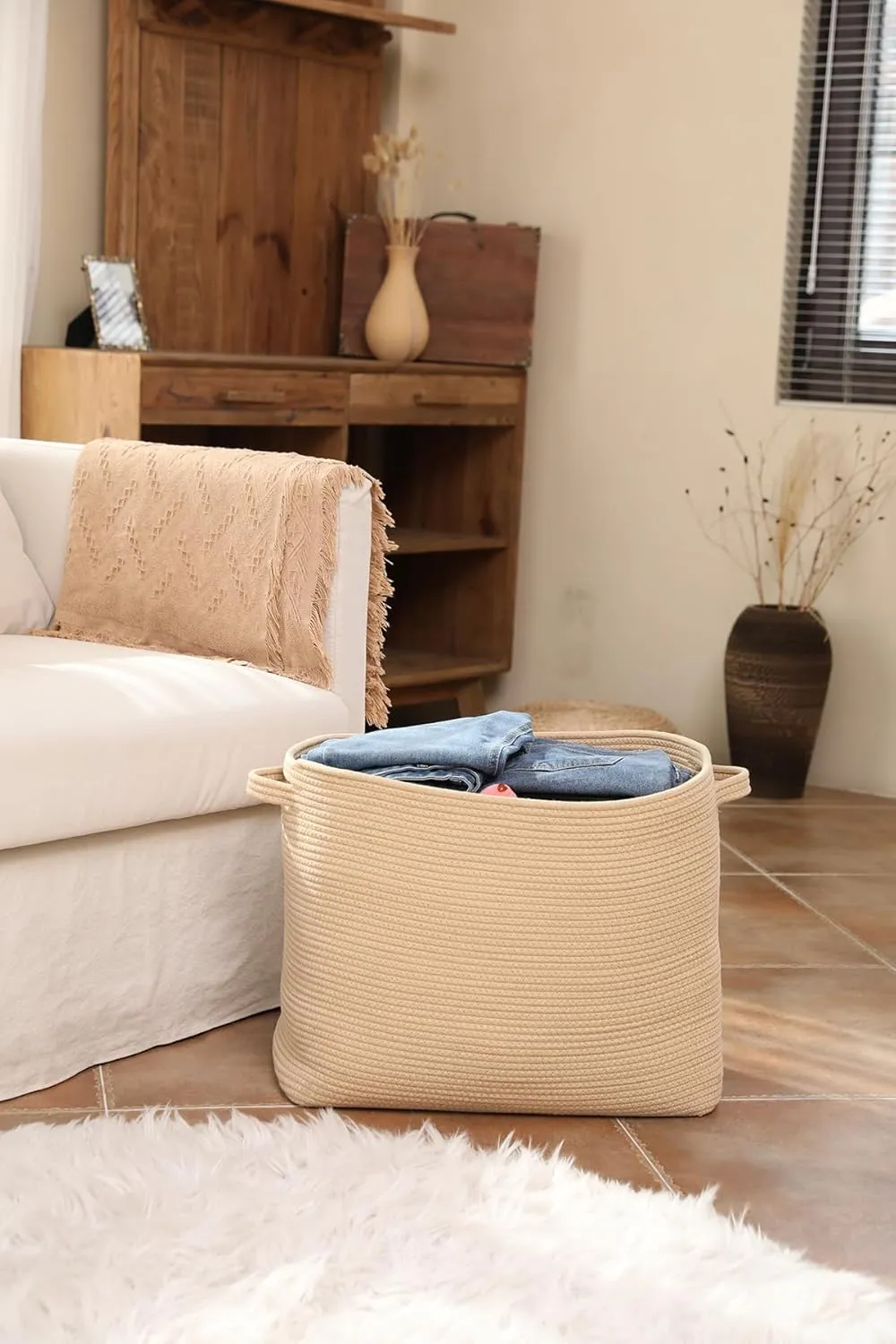 20"x12"x16" Mega Size Rectangular Extra Large Storage Basket, Rectangular Cotton Rope Storage Baskets, Woven Laundry Hamper, Cloth Storage Bin, for Clothes Blanket in Living Room, All Beige