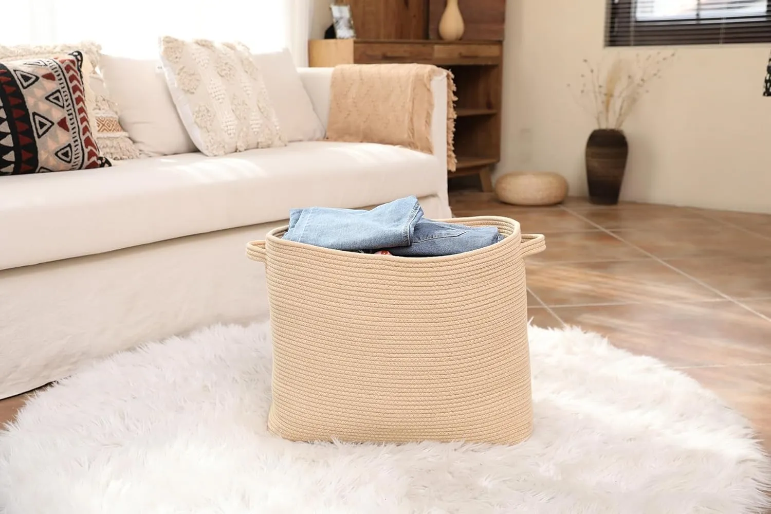 20"x12"x16" Mega Size Rectangular Extra Large Storage Basket, Rectangular Cotton Rope Storage Baskets, Woven Laundry Hamper, Cloth Storage Bin, for Clothes Blanket in Living Room, All Beige