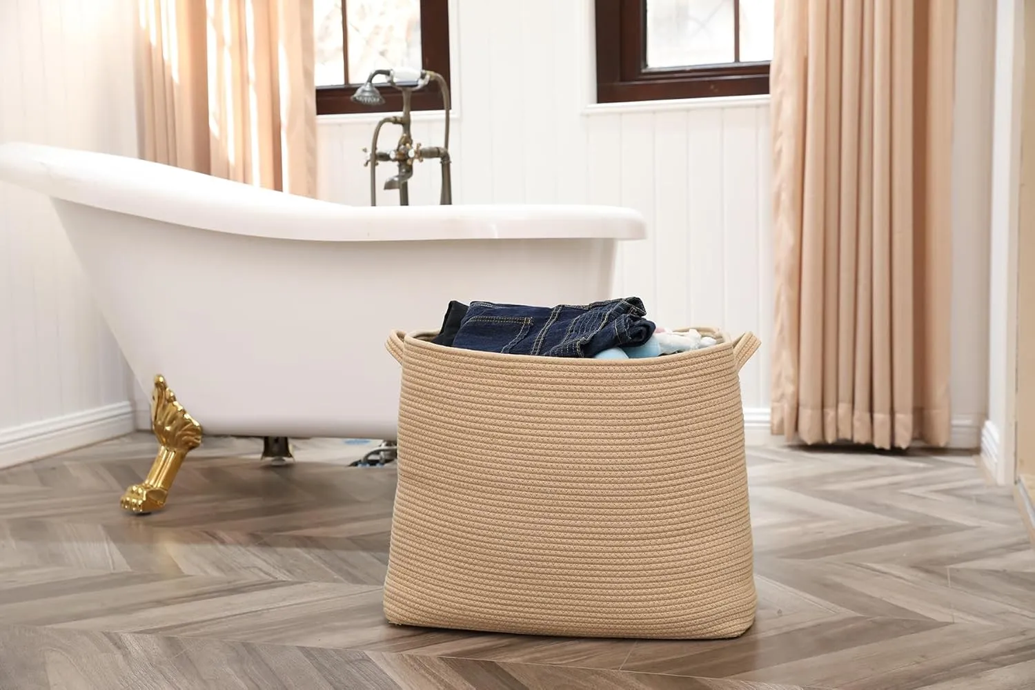 20"x12"x16" Mega Size Rectangular Extra Large Storage Basket, Rectangular Cotton Rope Storage Baskets, Woven Laundry Hamper, Cloth Storage Bin, for Clothes Blanket in Living Room, All Beige