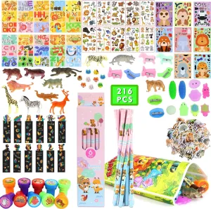 216PCS Jungle Safari Party Favors Animal Theme Goodie Bag Stuffers Bulk Set with Zoo Animal Toys, Stationery Gifls & Classroom Prizes - Wild One Birthday Party Supplies for Kids 3-12