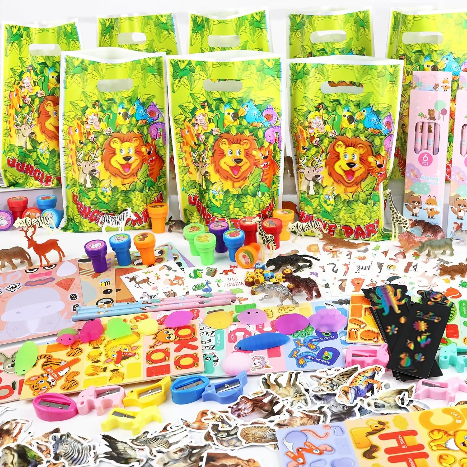 216PCS Jungle Safari Party Favors Animal Theme Goodie Bag Stuffers Bulk Set with Zoo Animal Toys, Stationery Gifls & Classroom Prizes - Wild One Birthday Party Supplies for Kids 3-12