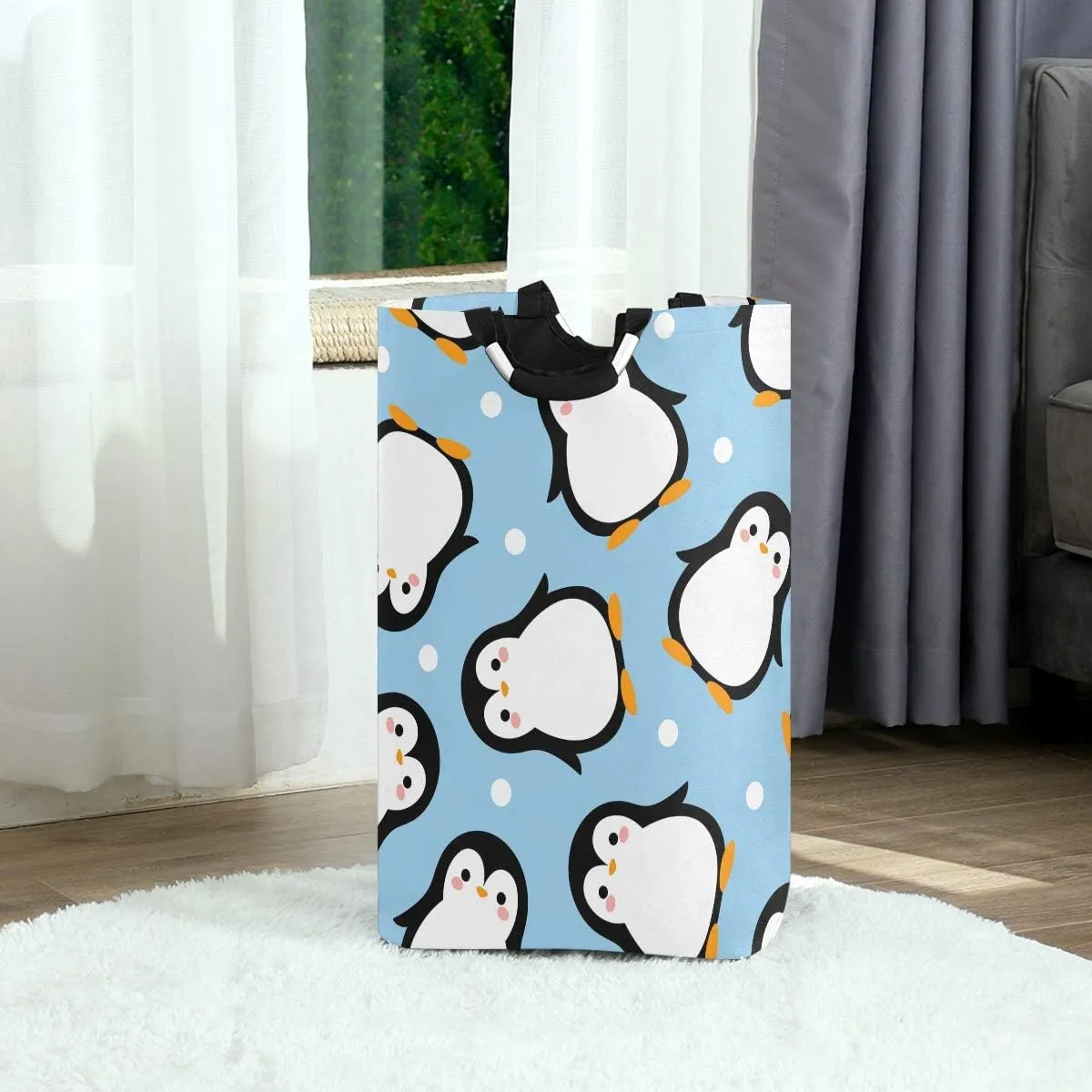 22.7" Cute Penguin Pattern Style Collapsible Laundry Basket,Waterproof Large Clothes Basket Laundry Hamper with Handles