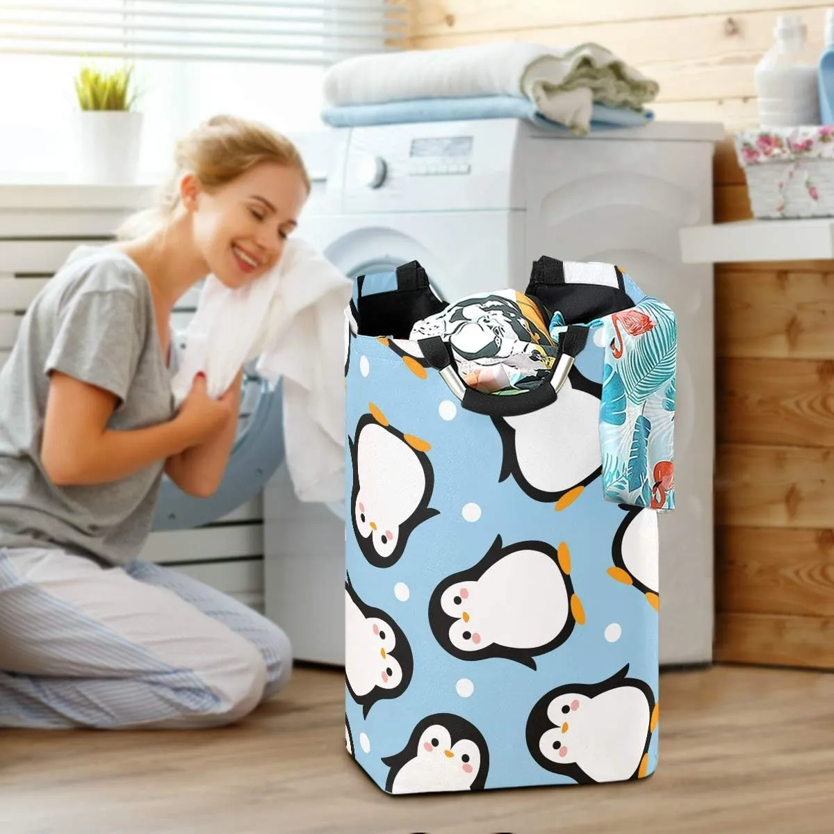 22.7" Cute Penguin Pattern Style Collapsible Laundry Basket,Waterproof Large Clothes Basket Laundry Hamper with Handles